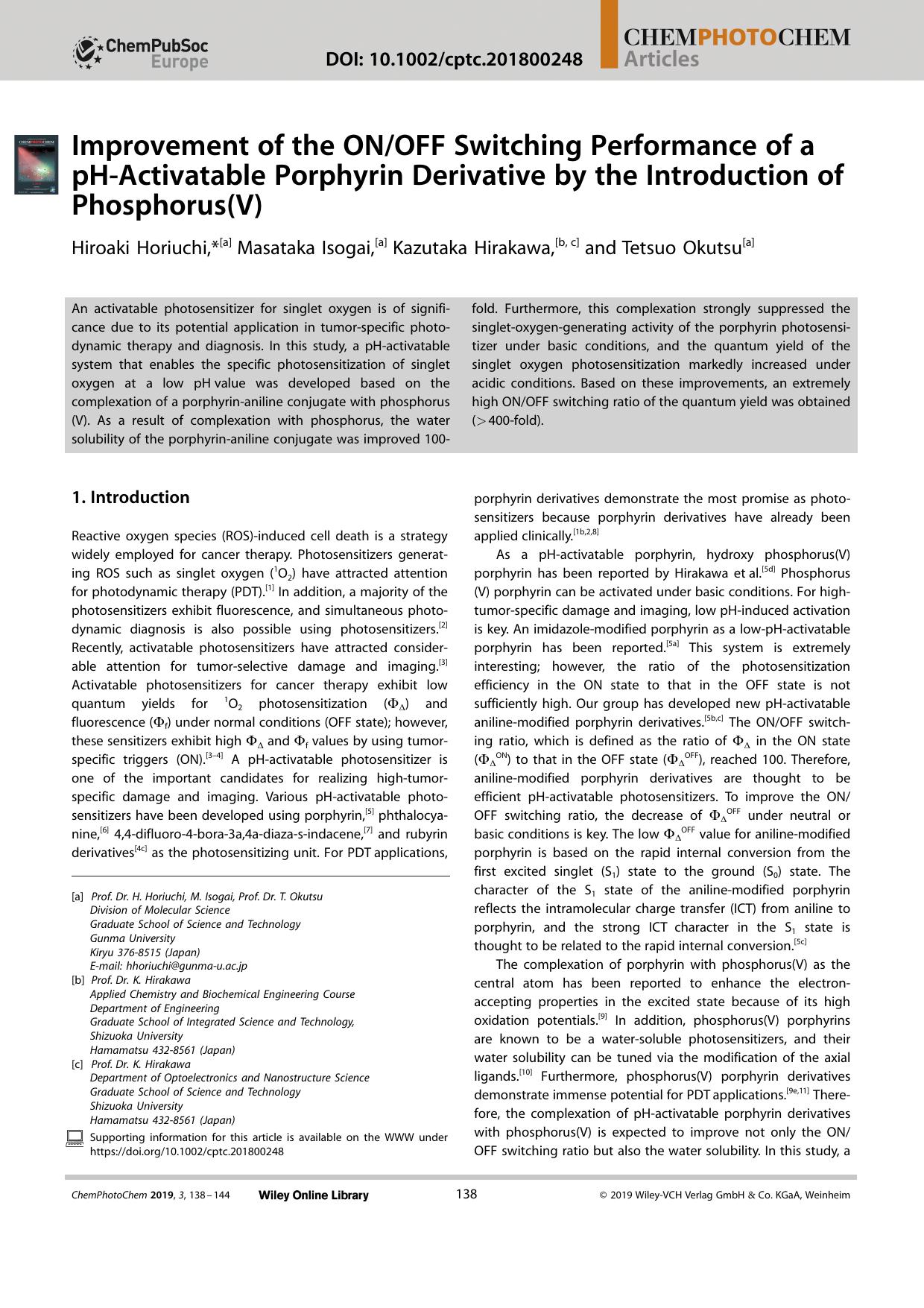 Improvement of the ONOFF Switching Performance of a pHâActivatable Porphyrin Derivative by the Introduction of Phosphorus(V) by Unknown