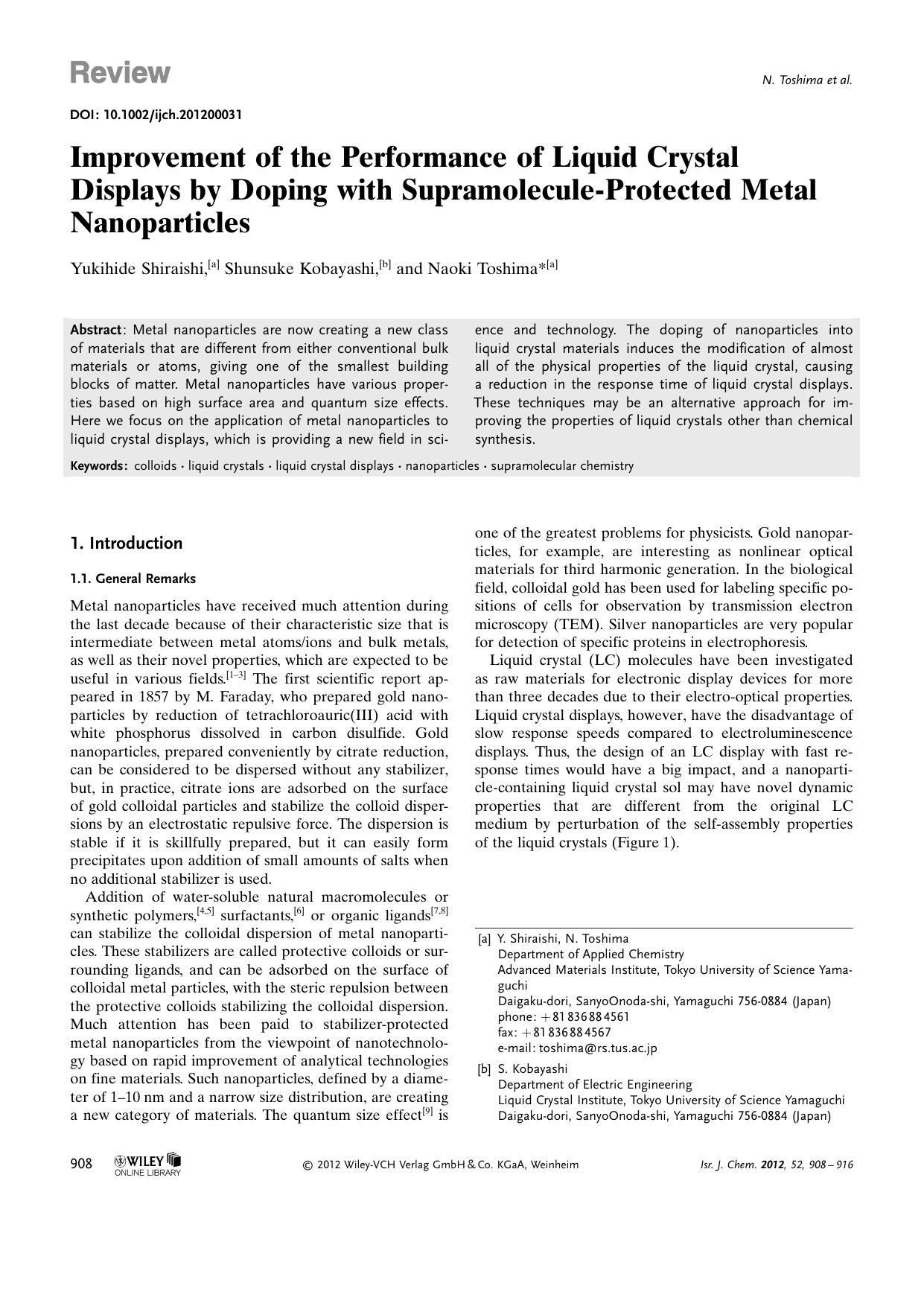 Improvement of the Performance of Liquid Crystal Displays by Doping with SupramoleculeProtected Metal Nanoparticles by Unknown