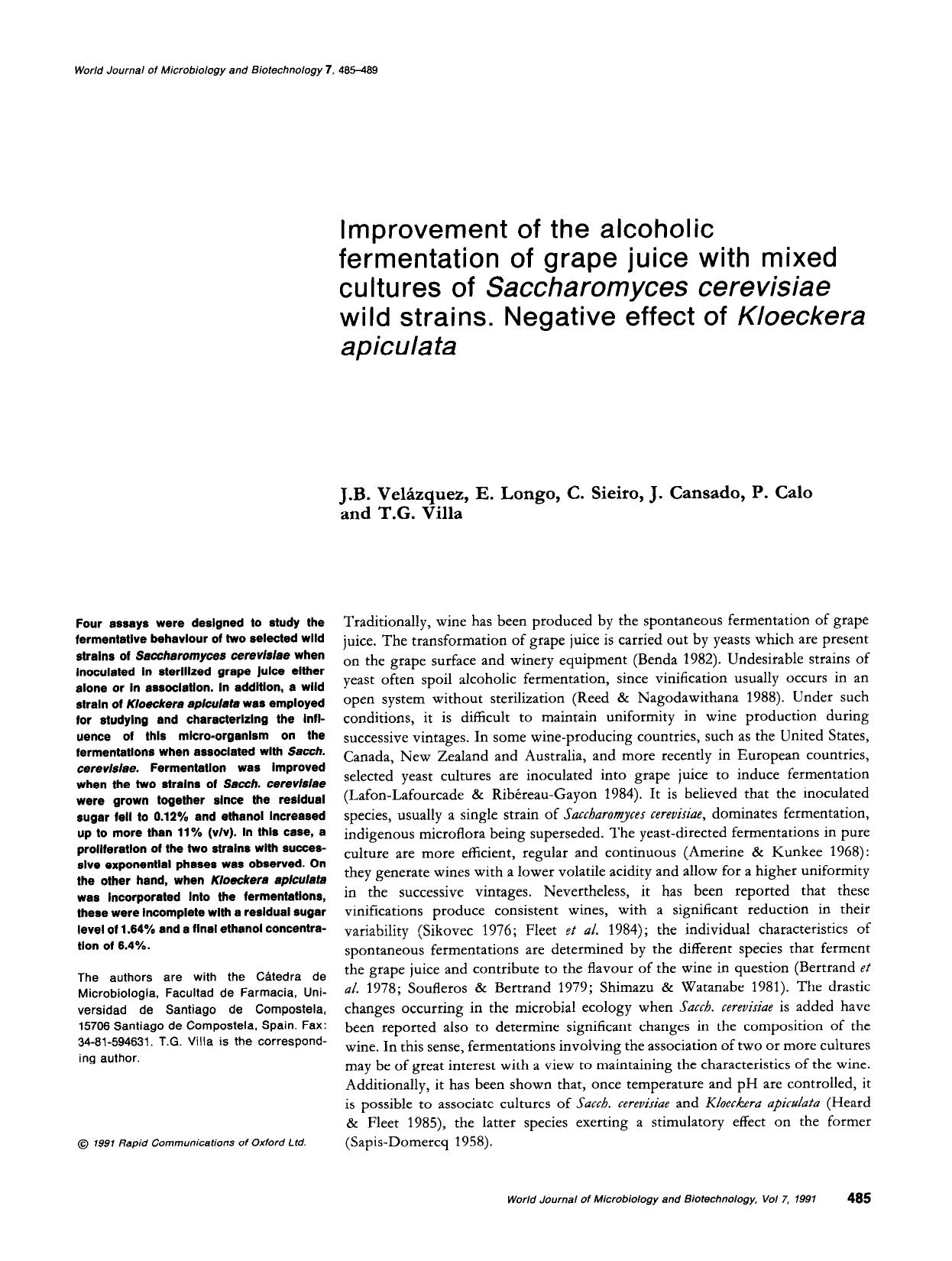 Improvement of the alcoholic fermentation of grape juice with mixed cultures of <Emphasis Type="Italic">Saccharomyces cerevisiae<Emphasis> wild strains. Negative effect of <Emphasi by Unknown