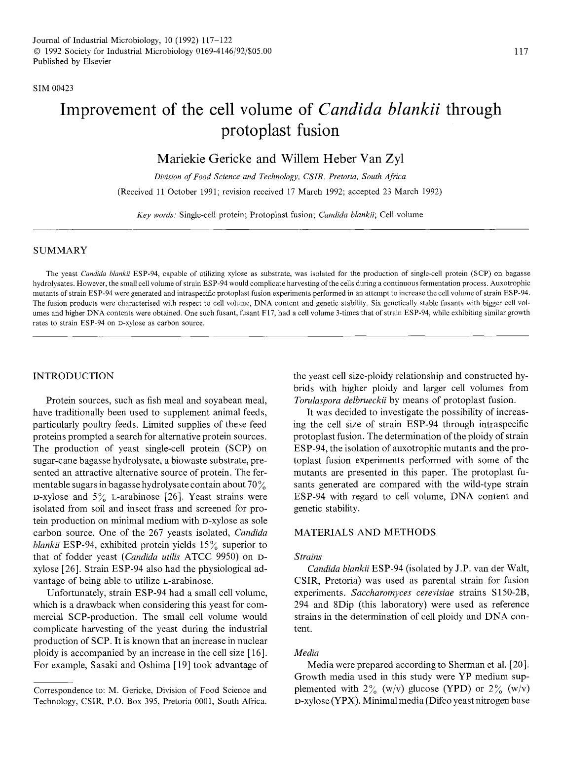 Improvement of the cell volume of <Emphasis Type="Italic">Candida blankii <Emphasis> through protoplast fusion by Unknown