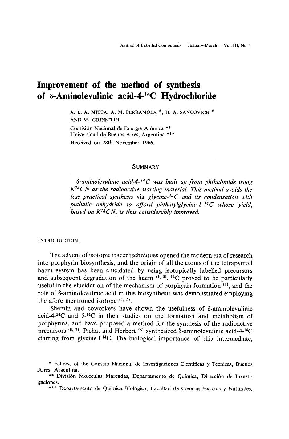 Improvement of the method of synthesis of [delta]-Aminolevulinic acid-4-14C hydrochloride by Unknown