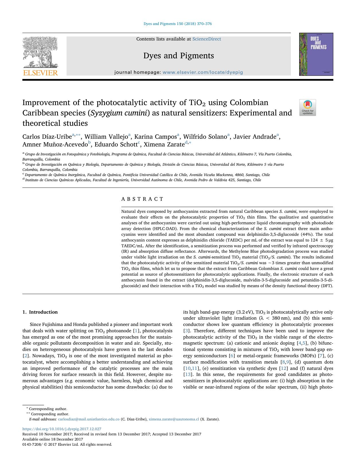 Improvement of the photocatalytic activity of TiO2 using Colombian Caribbean species (Syzygium cumini) as natural sensitizers_ Experimental and theoretical studies by unknow