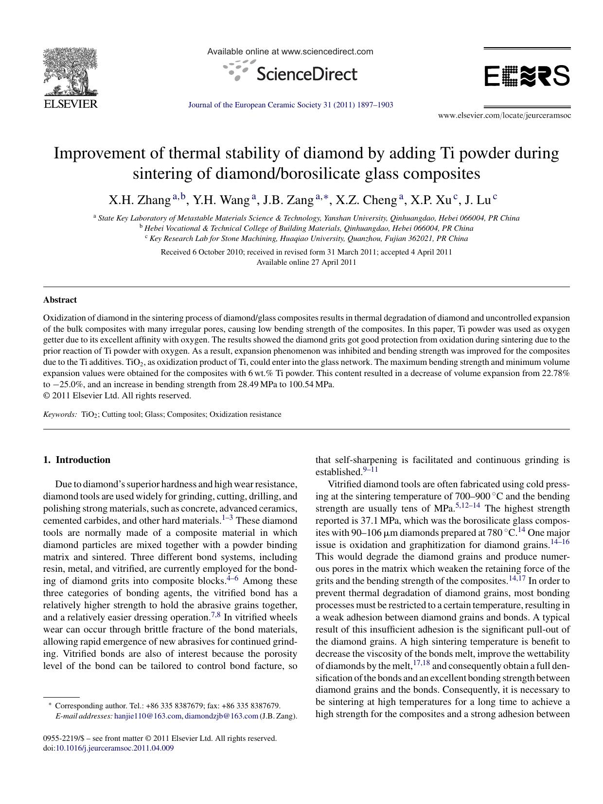 Improvement of thermal stability of diamond by adding Ti powder during sintering of diamondborosilicate glass composites by X.H. Zhang