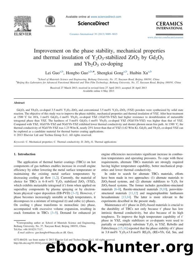 Improvement on the phase stability, mechanical properties and thermal insulation of Y2O3-stabilized ZrO2 by Gd2O3 and Yb2O3 co-doping by Lei Guo & Hongbo Guo & Shengkai Gong & Huibin Xu