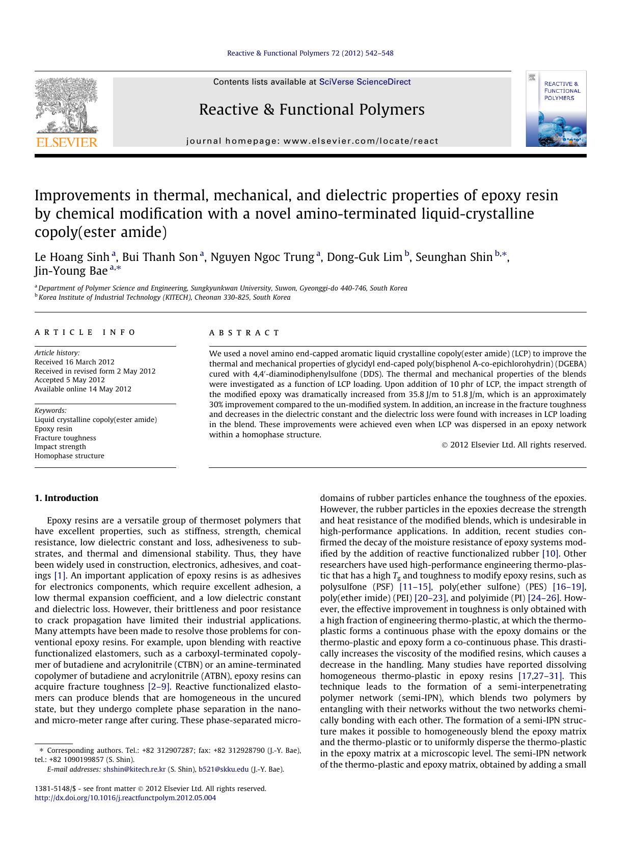 Improvements in thermal, mechanical, and dielectric properties of epoxy resin by chemical modification with a novel amino-terminated liquid-crystalline copoly(ester amide) by Le Hoang Sinh & Bui Thanh Son & Nguyen Ngoc Trung & Dong-Guk Lim & Seunghan Shin & Jin-Young Bae