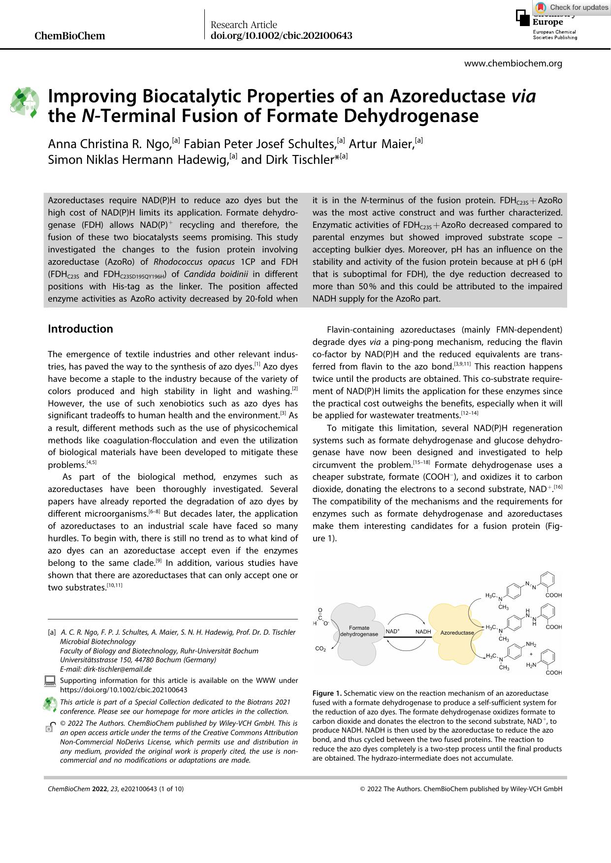Improving Biocatalytic Properties of an Azoreductase via the NâTerminal Fusion of Formate Dehydrogenase by Unknown