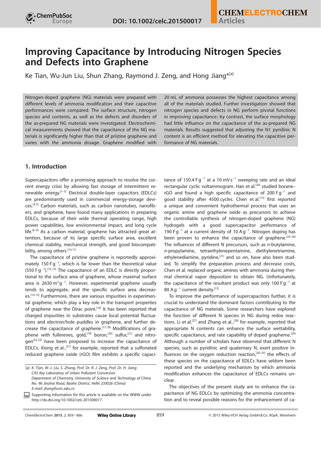 Improving Capacitance by Introducing Nitrogen Species and Defects into Graphene by Unknown