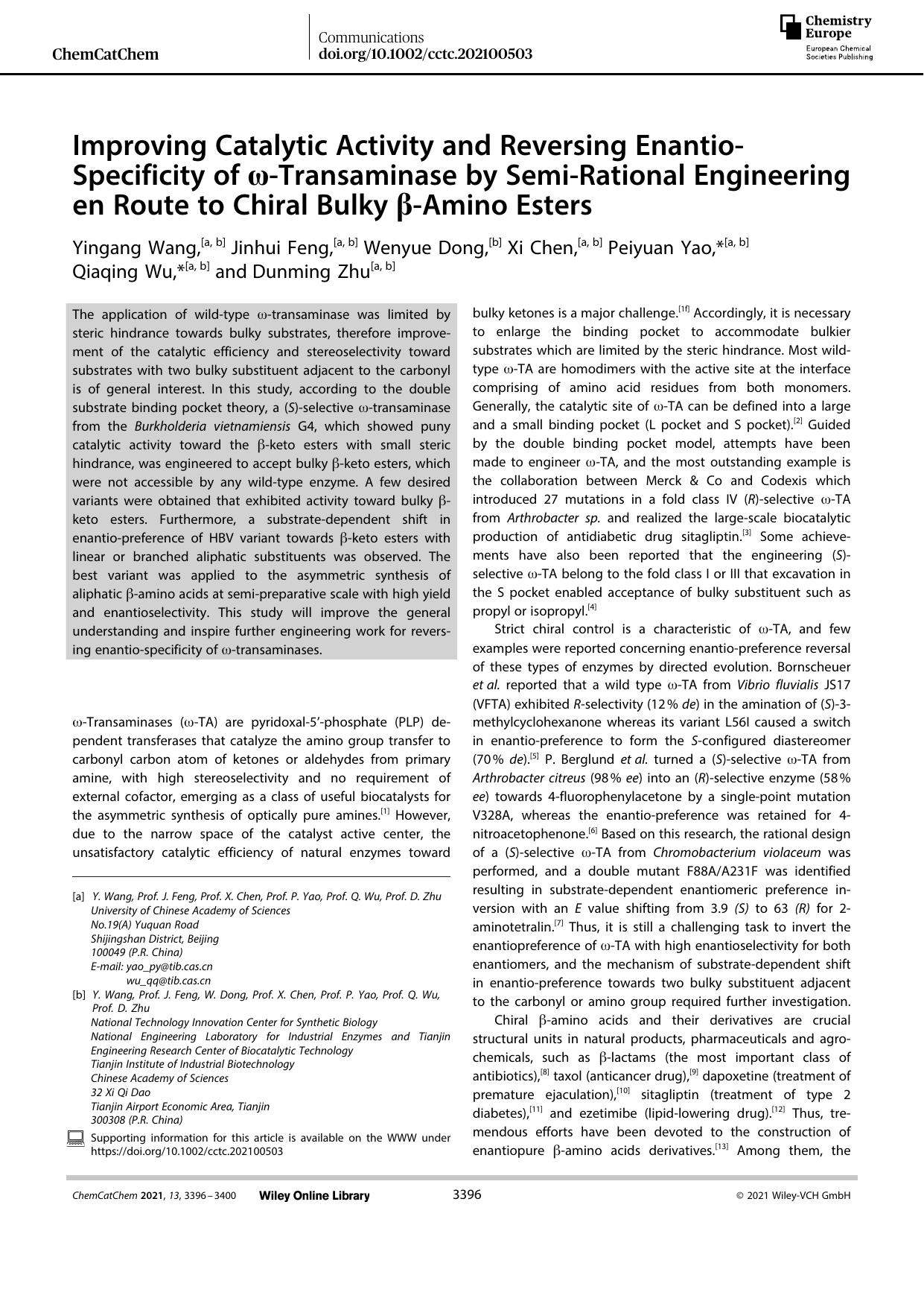 Improving Catalytic Activity and Reversing EnantioâSpecificity of ÏâTransaminase by SemiâRational Engineering en Route to Chiral Bulky Î²âAmino Esters by Unknown