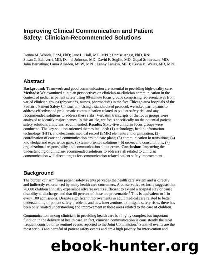 Improving Clinical Communication and Patient Safety: Clinician-Recommended Solutions by Agency for Healthcare Research and Quality