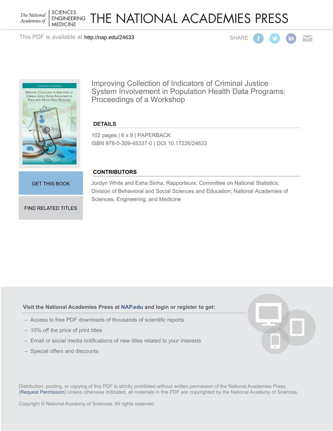 Improving Collection of Indicators of Criminal Justice System Involvement in Population Health Data Programs: Proceedings of a by unknow