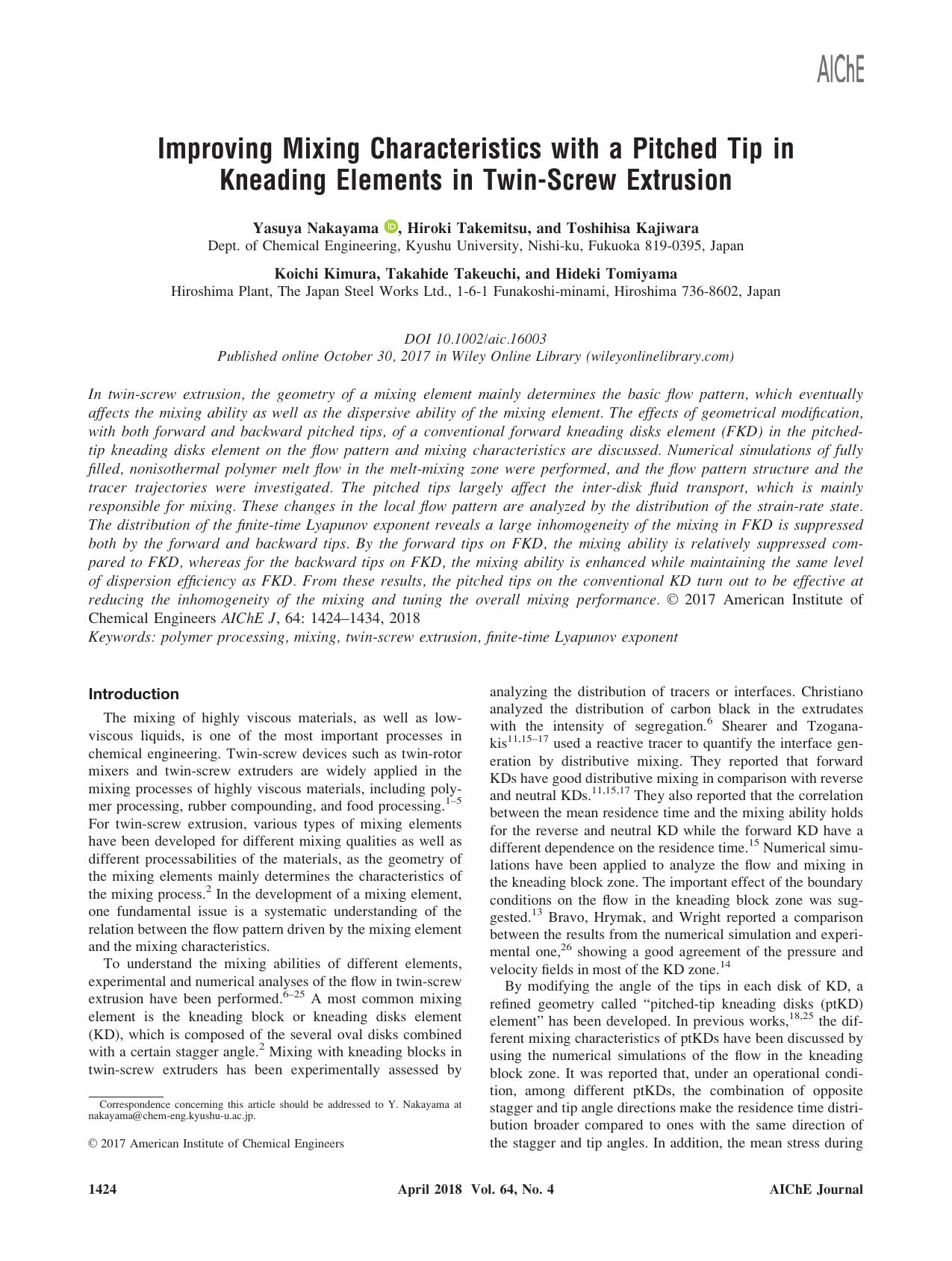 Improving Mixing Characteristics with a Pitched Tip in Kneading Elements in Twin‐Screw Extrusion by Unknown