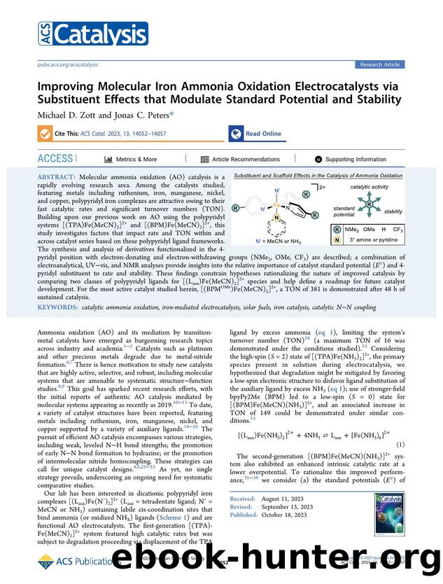 Improving Molecular Iron Ammonia Oxidation Electrocatalysts via Substituent Effects that Modulate Standard Potential and Stability by Michael D. Zott and Jonas C. Peters