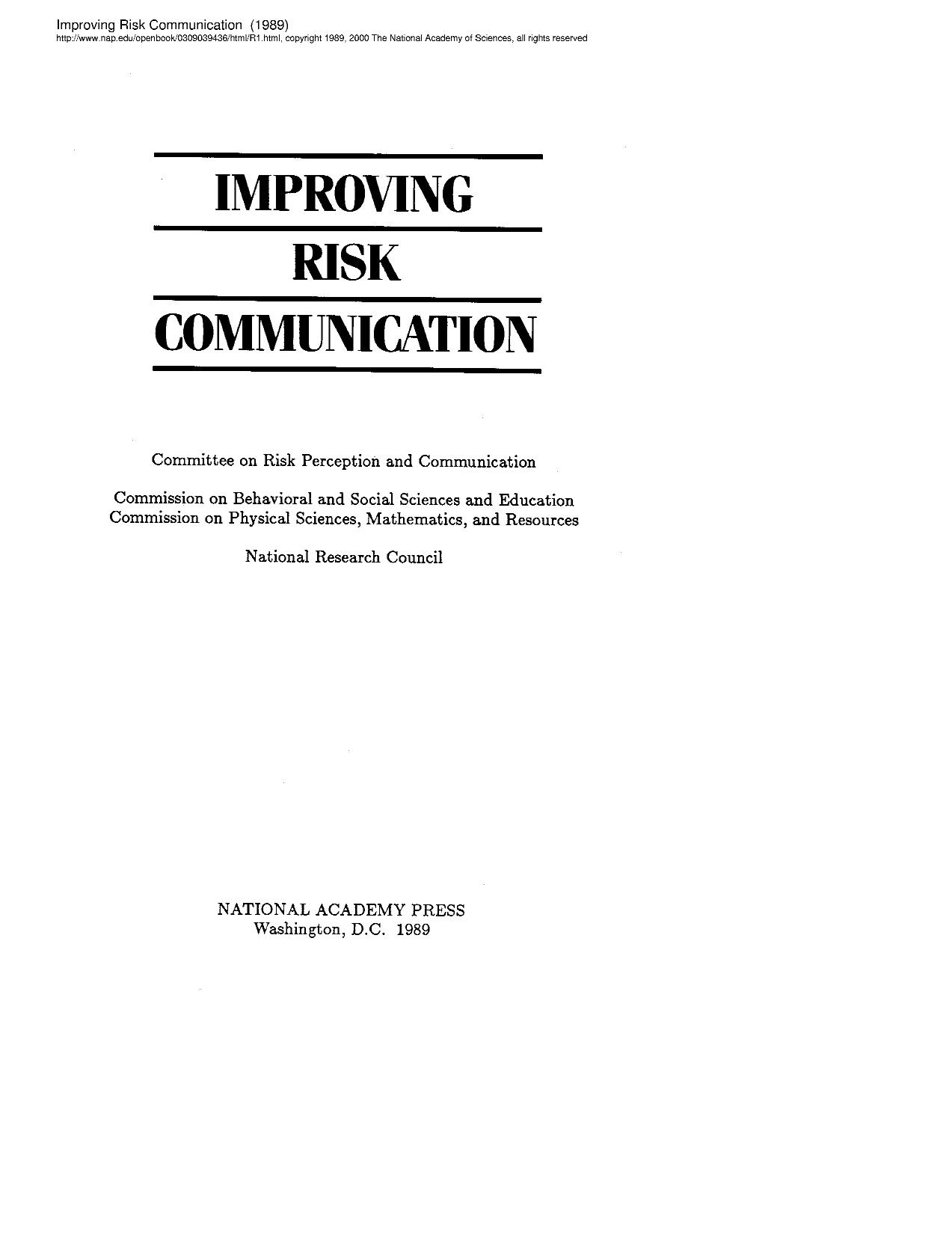 Improving Risk Communication by National Research Council National