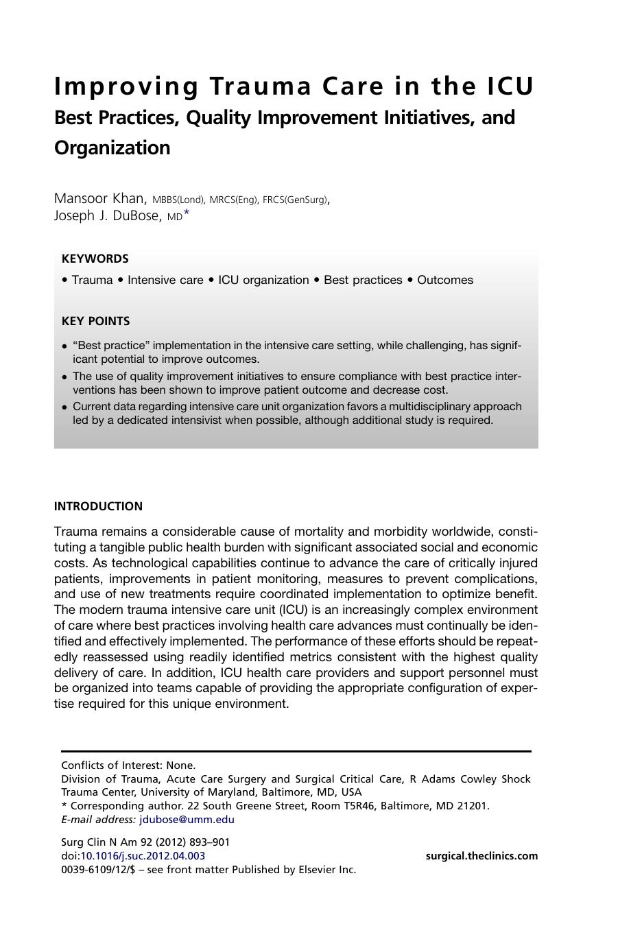 Improving Trauma Care in the ICU by Mansoor Khan MBBS(Lond) MRCS(Eng) FRCS(GenSurg); Joseph J. DuBose MD & Joseph J. DuBose MD