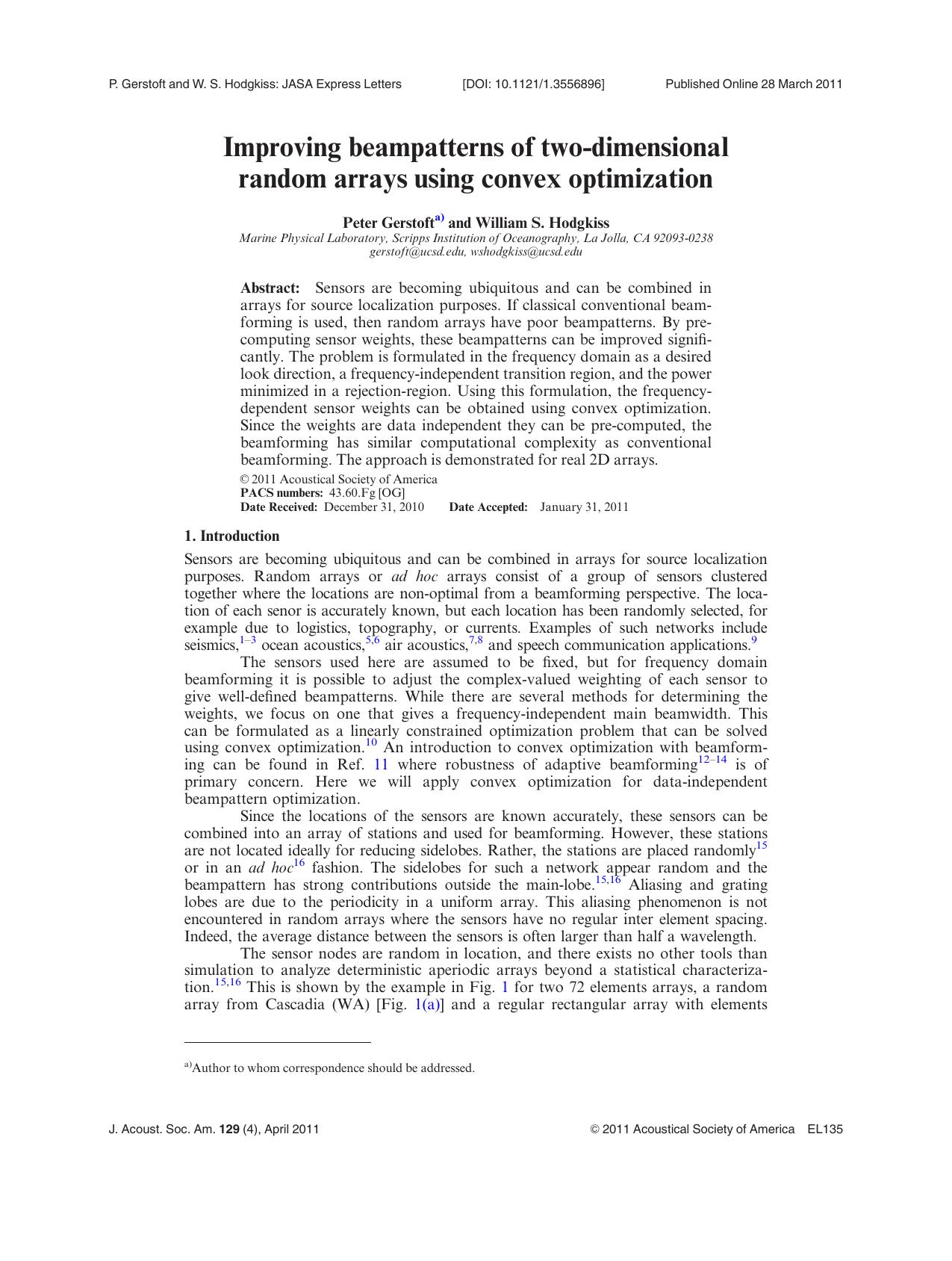 Improving beam patterns of two-dimensional random arrays using convex optimization by Peter Gerstoft and William S. Hodgkiss