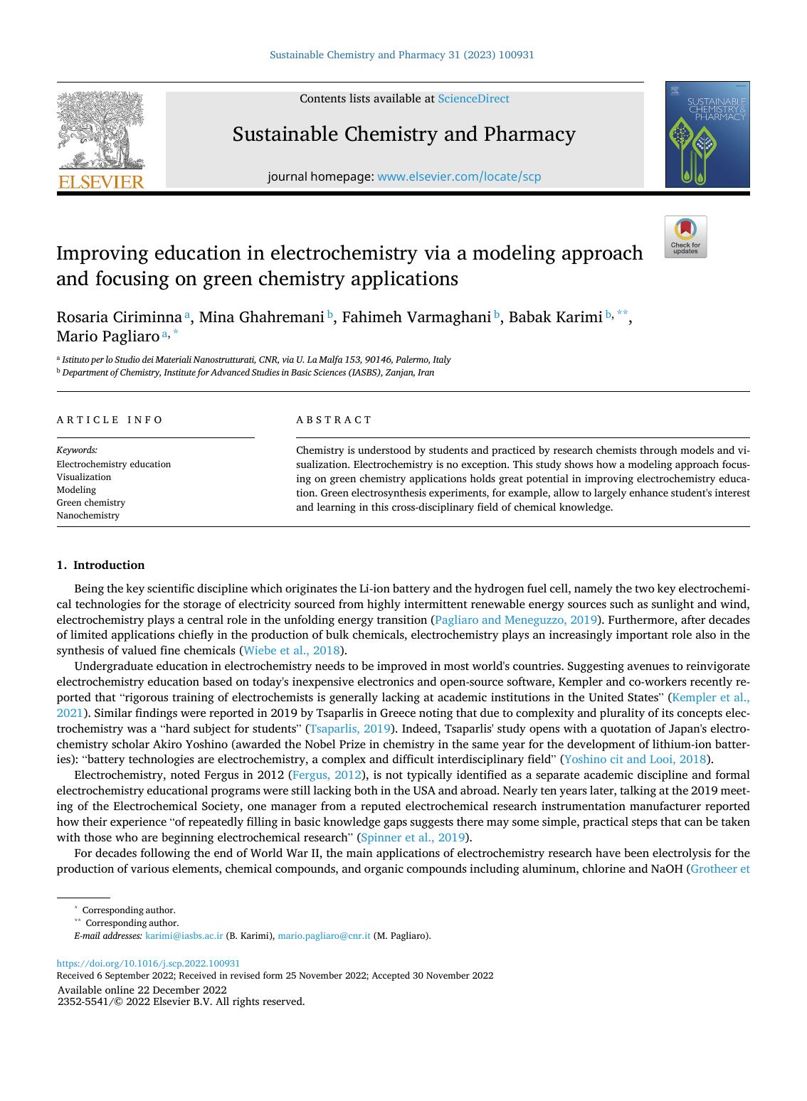 Improving education in electrochemistry via a modeling approach and focusing on green chemistry applications by Rosaria Ciriminna & Mina Ghahremani & Fahimeh Varmaghani & Babak Karimi & Mario Pagliaro