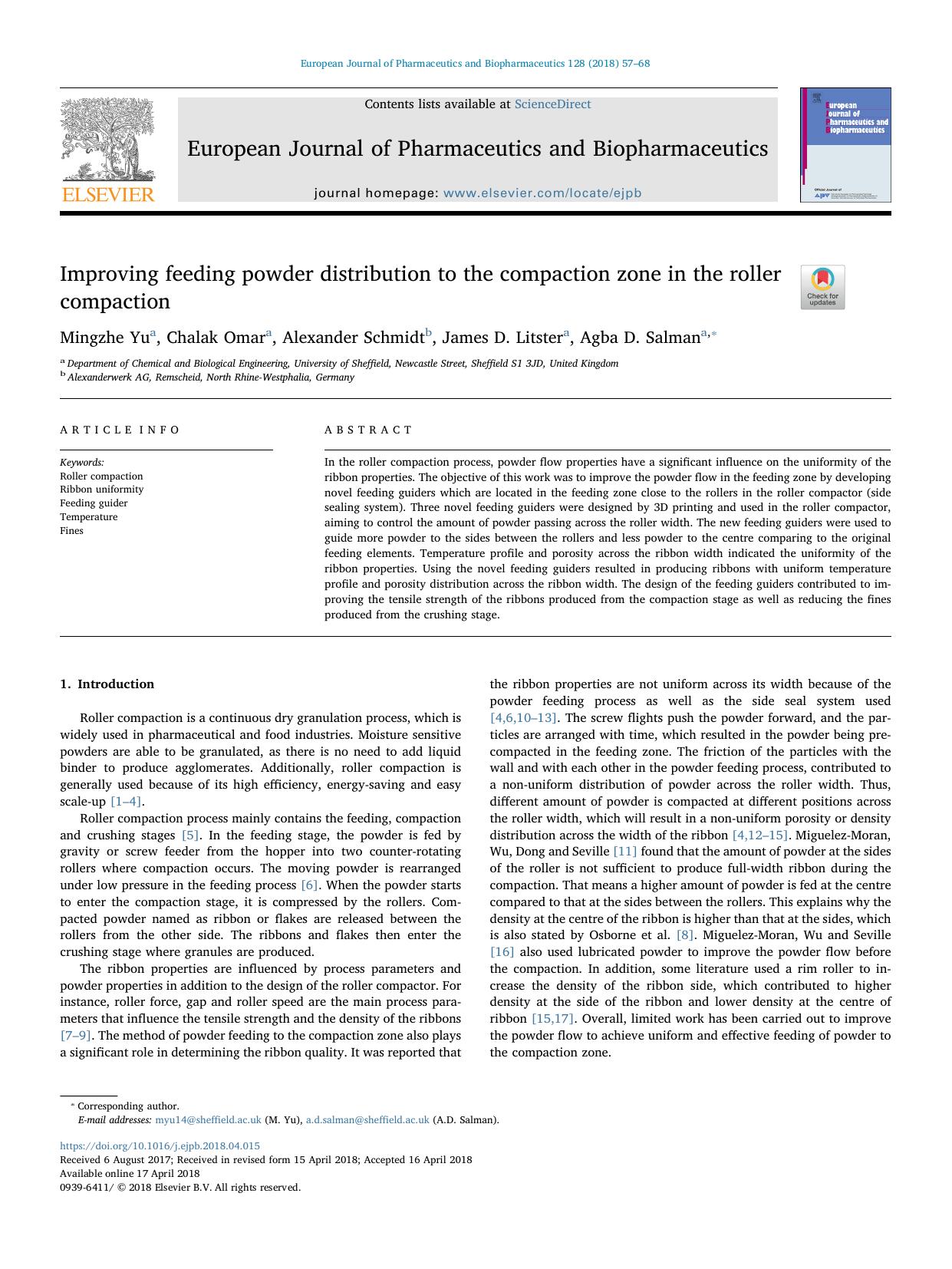 Improving feeding powder distribution to the compaction zone in the roller compaction by Mingzhe Yu & Chalak Omar & Alexander Schmidt & James D. Litster & Agba D. Salman