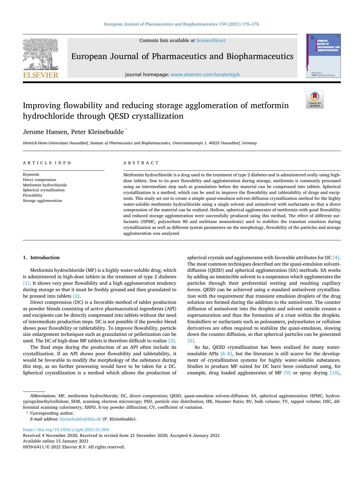 Improving flowability and reducing storage agglomeration of metformin hydrochloride through QESD crystallization by Jerome Hansen & Peter Kleinebudde
