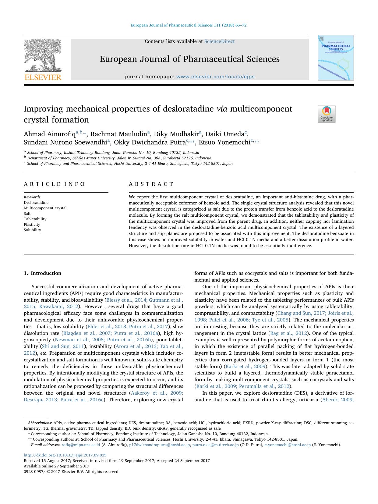 Improving mechanical properties of desloratadine via multicomponent crystal formation by unknow