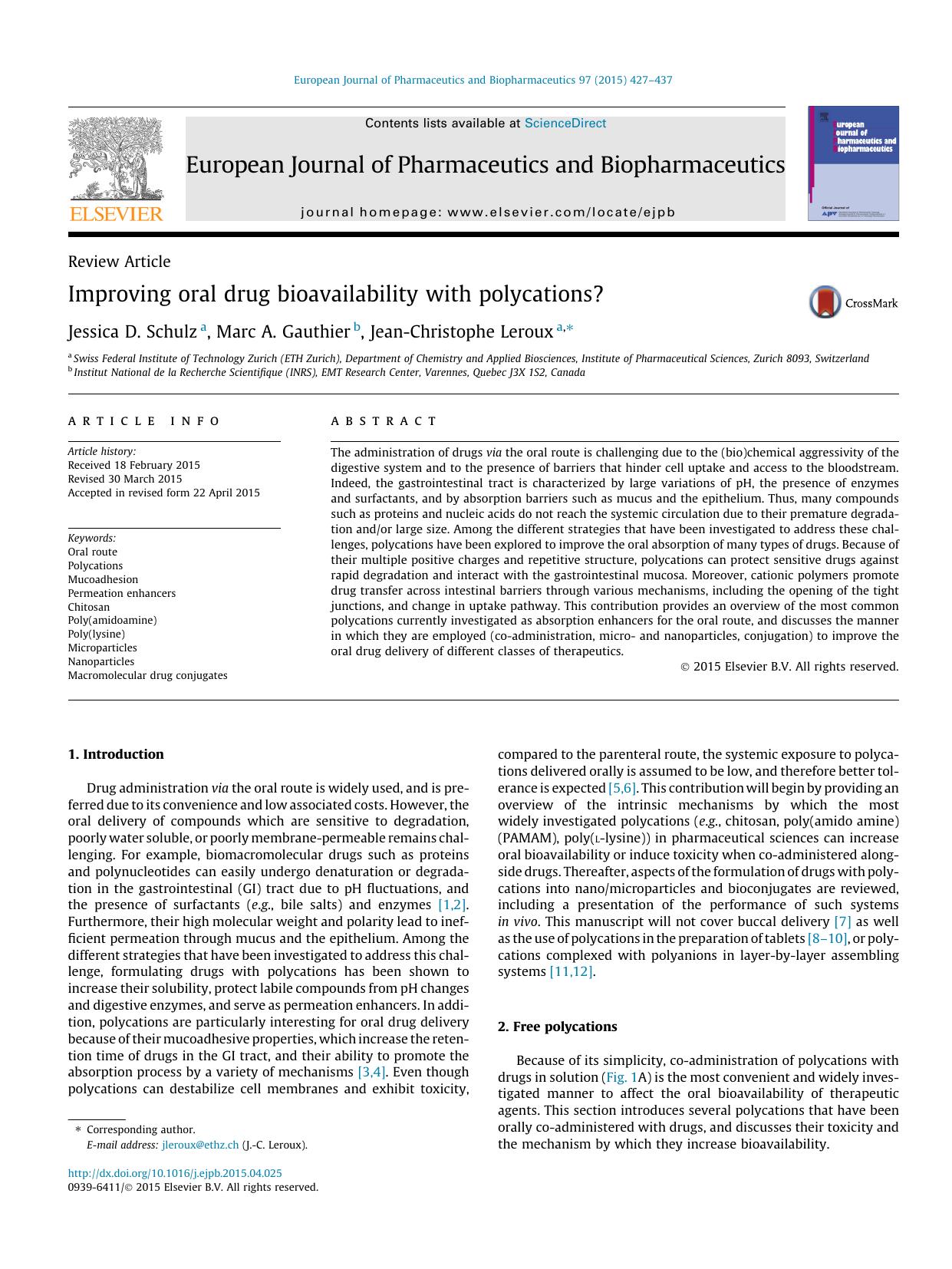 Improving oral drug bioavailability with polycations? by Jessica D. Schulz & Marc A. Gauthier & Jean-Christophe Leroux