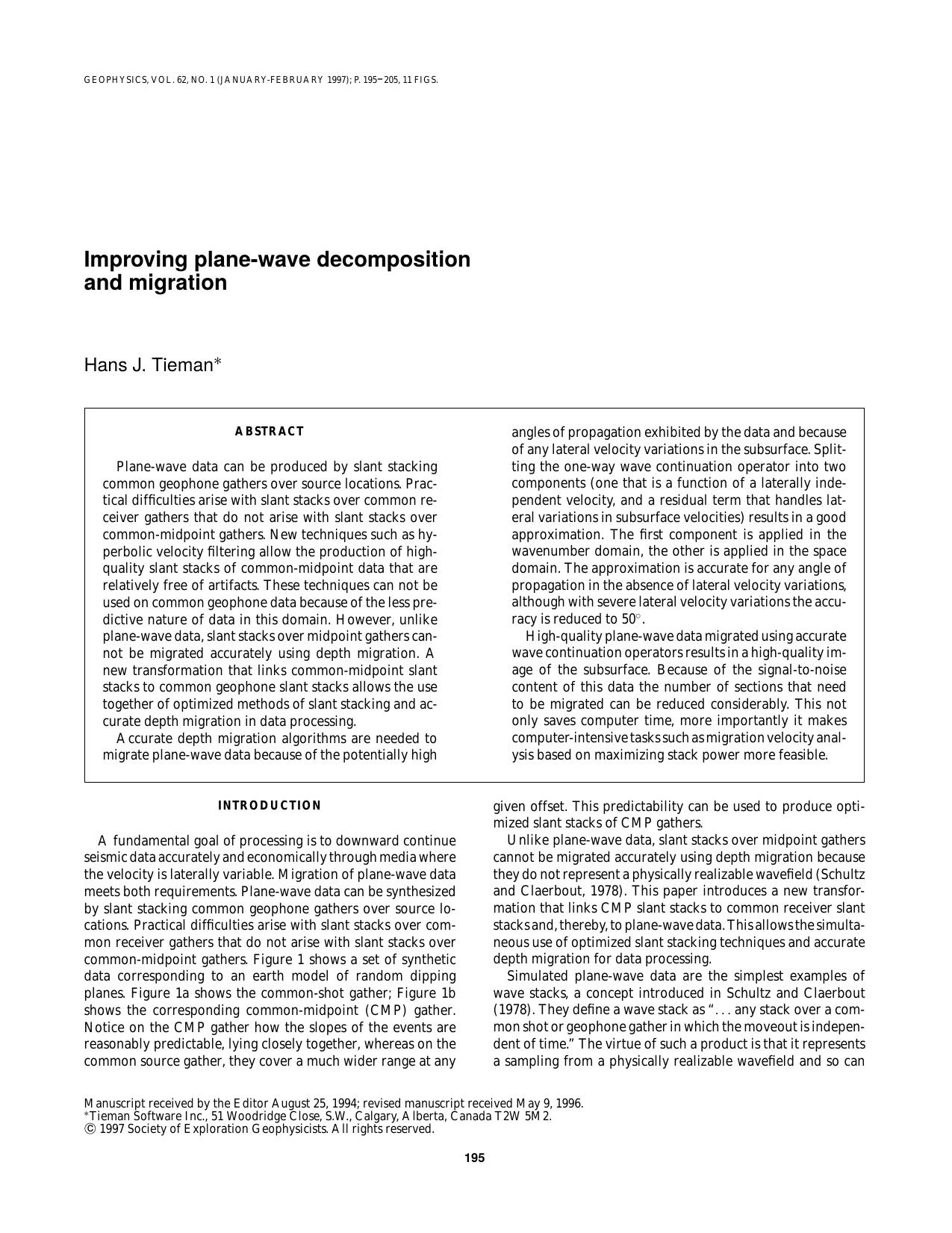 Improving plane-wave decomposition and migration by H. J. Tieman