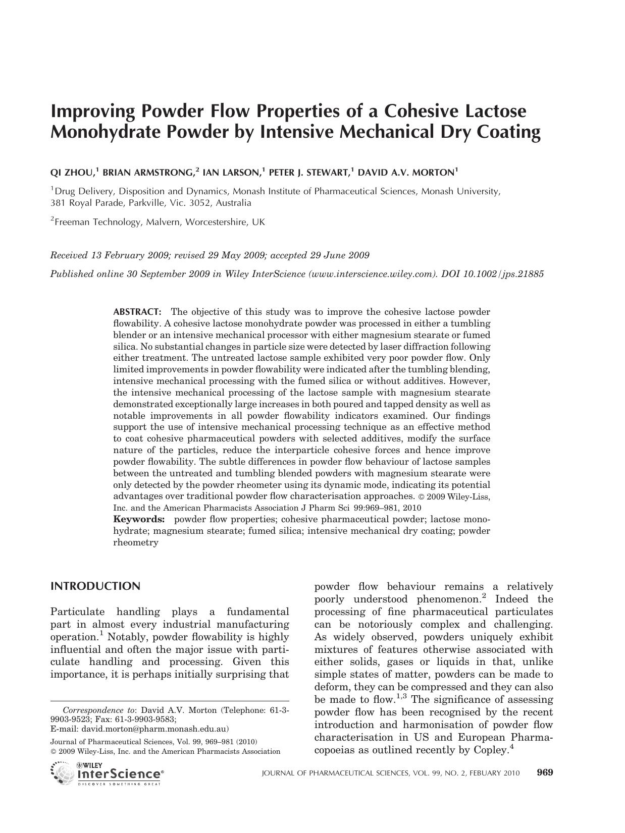 Improving powder flow properties of a cohesive lactose monohydrate powder by intensive mechanical dry coating by Unknown