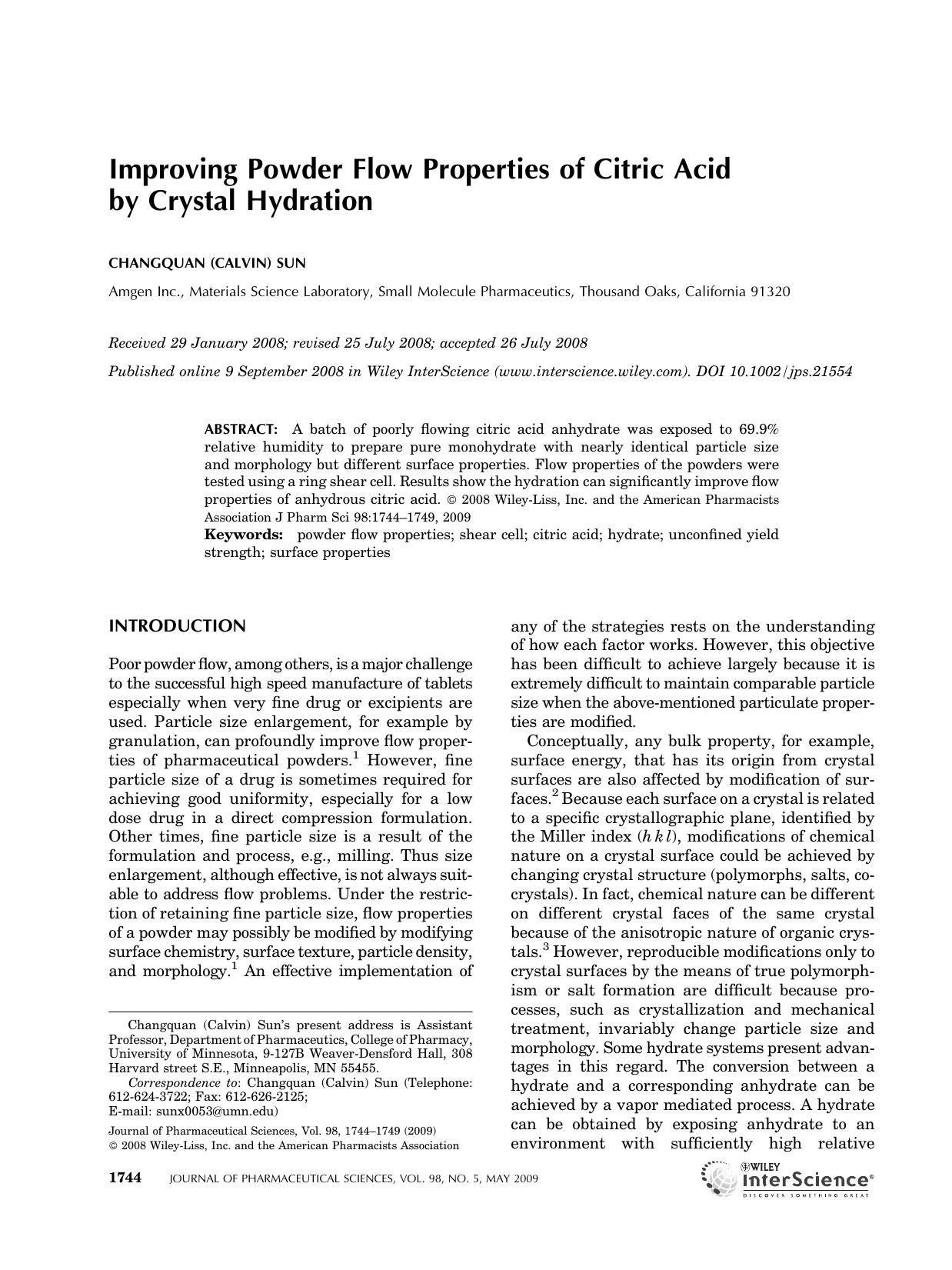 Improving powder flow properties of citric acid by crystal hydration by Unknown