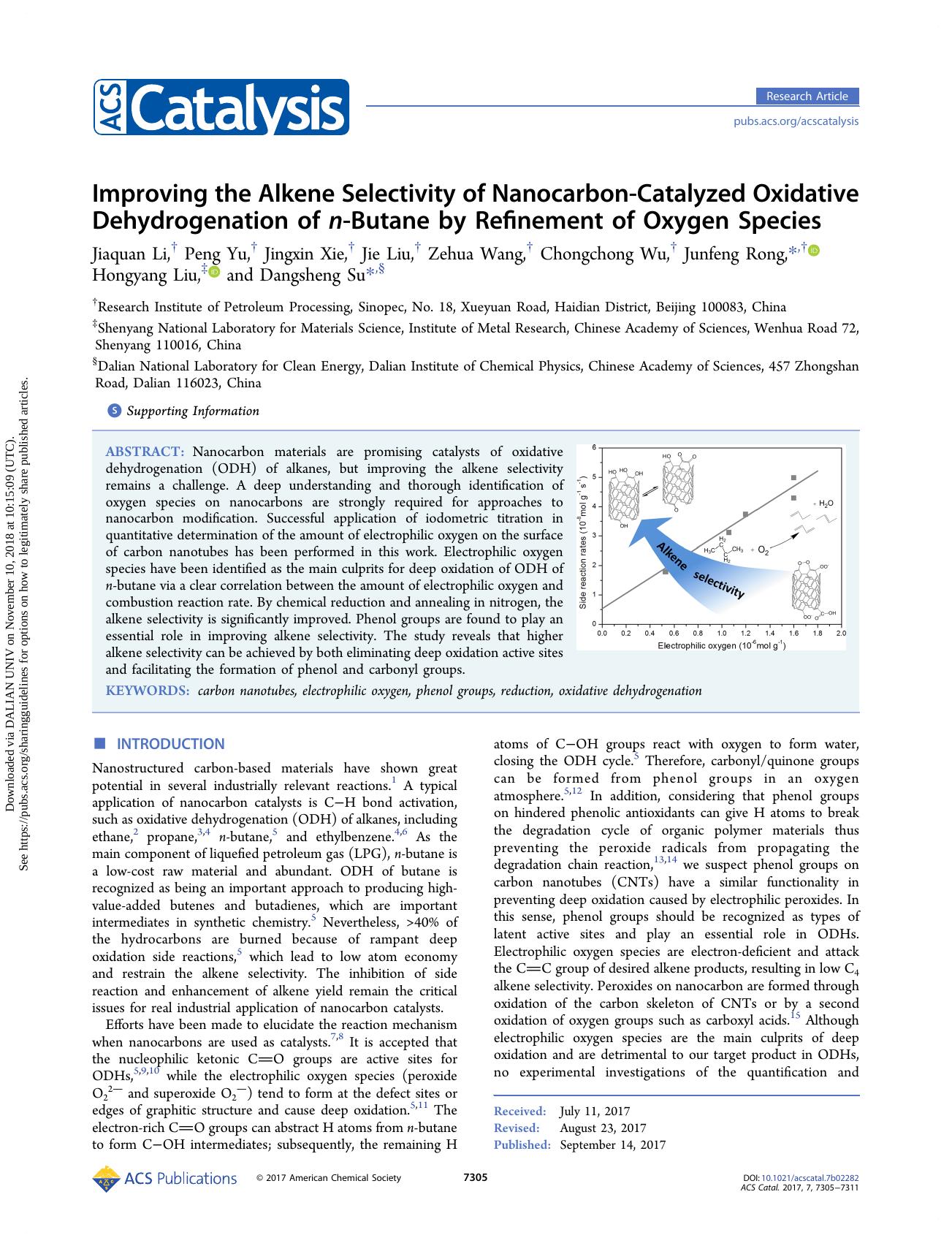 Improving the Alkene Selectivity of Nanocarbon-Catalyzed Oxidative Dehydrogenation of n-Butane by Refinement of Oxygen Species by unknow