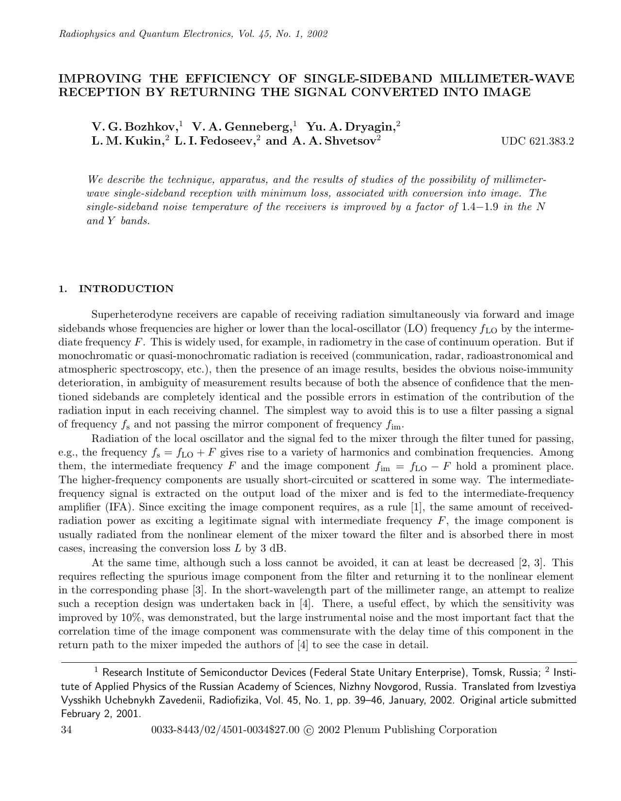 Improving the Efficiency of Single-Sideband Millimeter-Wave Reception by Returning the Signal Converted into Image by Unknown