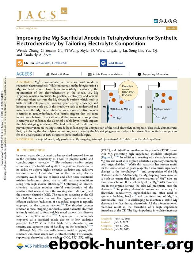 Improving the Mg Sacrificial Anode in Tetrahydrofuran for Synthetic Electrochemistry by Tailoring Electrolyte Composition by Wendy Zhang Chaoxuan Gu Yi Wang Skyler D. Ware Lingxiang Lu Song Lin Yue Qi & Kimberly A. See