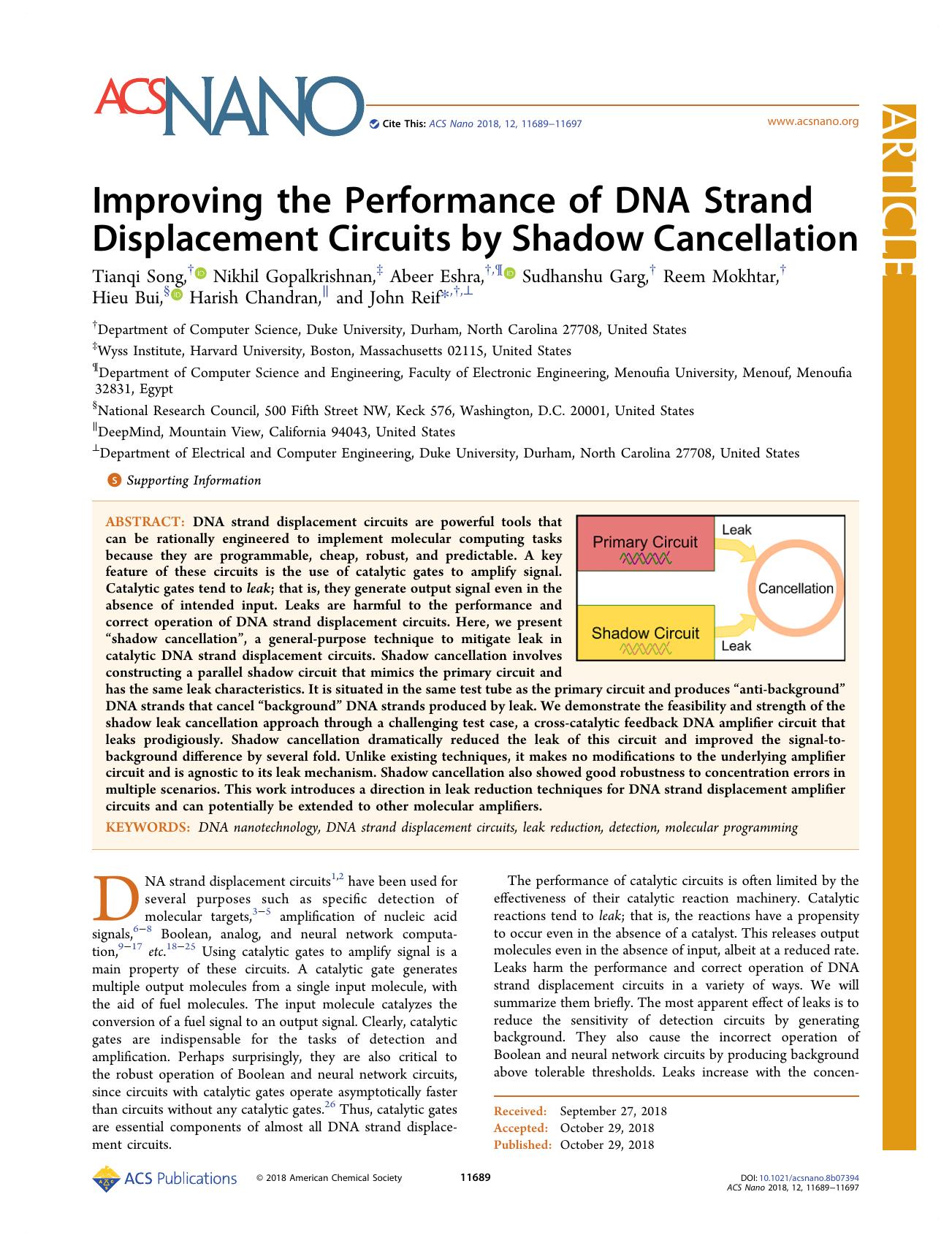 Improving the Performance of DNA Strand Displacement Circuits by Shadow Cancellation by unknow