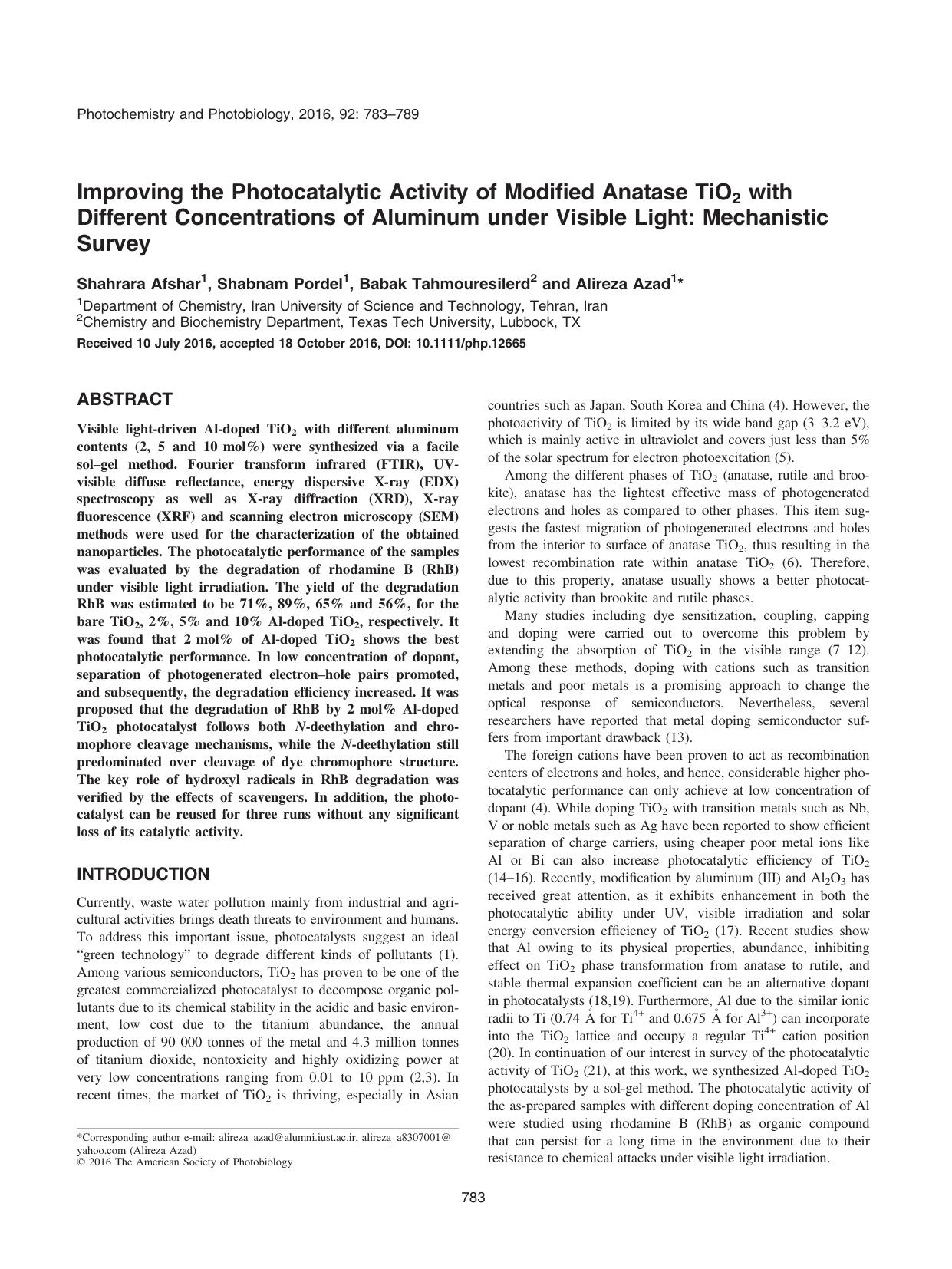 Improving the Photocatalytic Activity of Modified Anatase TiO2 with Different Concentrations of Aluminum under Visible Light: Mechanistic Survey by Unknown