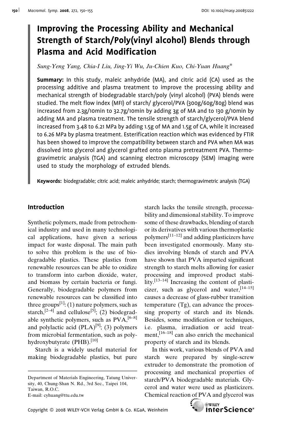Improving the Processing Ability and Mechanical Strength of StarchPoly(vinyl alcohol) Blends through Plasma and Acid Modification by Unknown