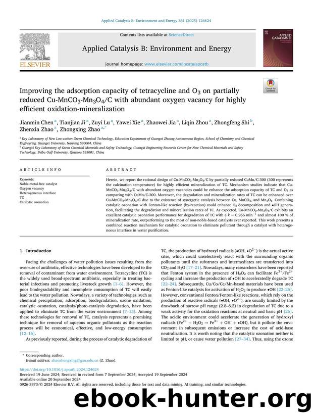 Improving the adsorption capacity of tetracycline and O3 on partially reduced Cu-MnCO3-Mn3O4C with abundant oxygen vacancy for highly efficient oxidation-mineralization by unknow