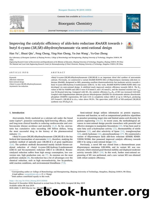 Improving the catalytic efficiency of aldo-keto reductase KmAKR towards t-butyl 6-cyano-(3R,5R)-dihydroxyhexanoate via semi-rational design by Han Yu & Shuai Qiu & Feng Cheng & Ying-Nan Cheng & Ya-Jun Wang & Yu-Guo Zheng