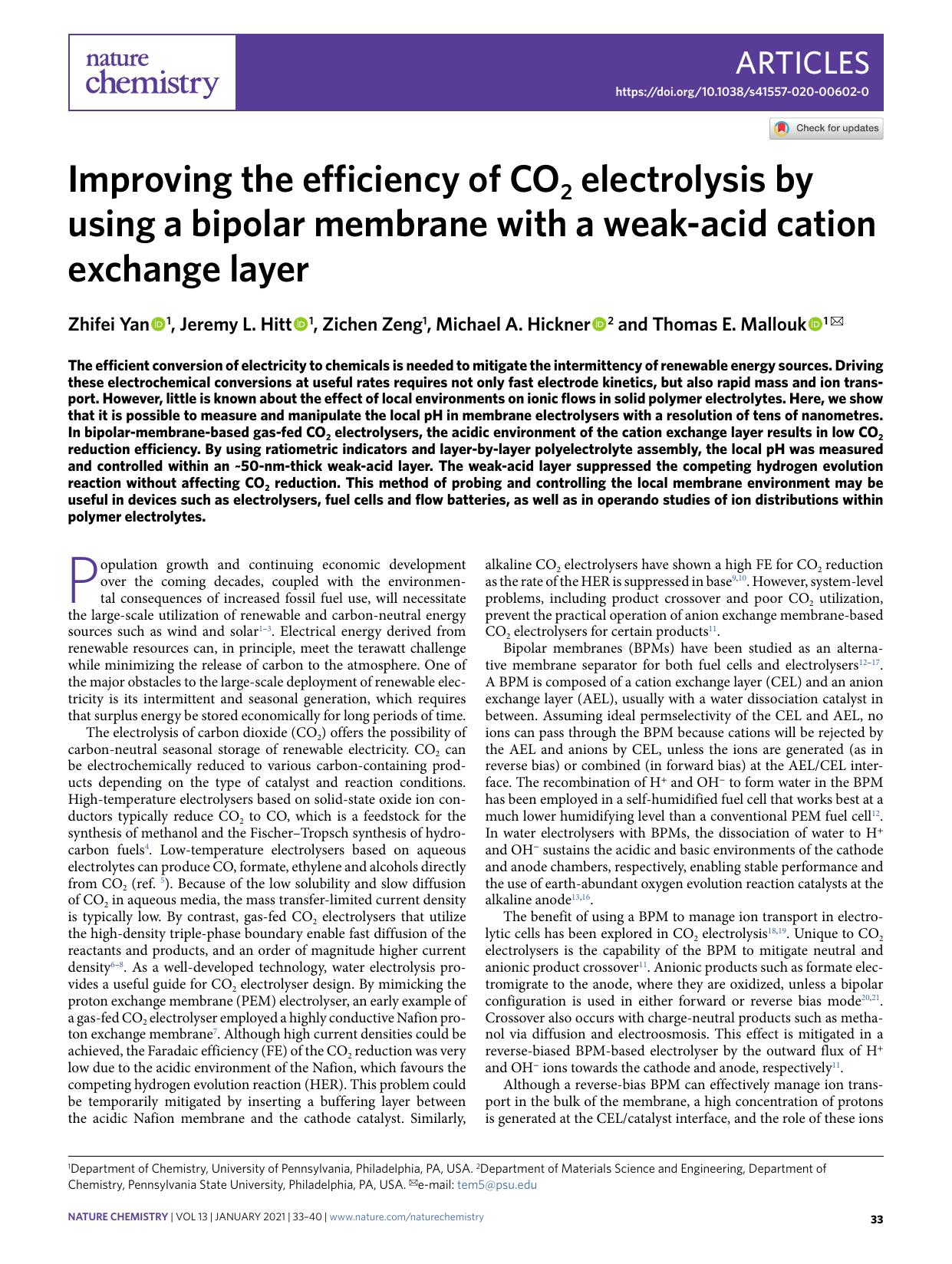 Improving the efficiency of CO2 electrolysis by using a bipolar membrane with a weak-acid cation exchange layer by Zhifei Yan & Jeremy L. Hitt & Zichen Zeng & Michael A. Hickner & Thomas E. Mallouk