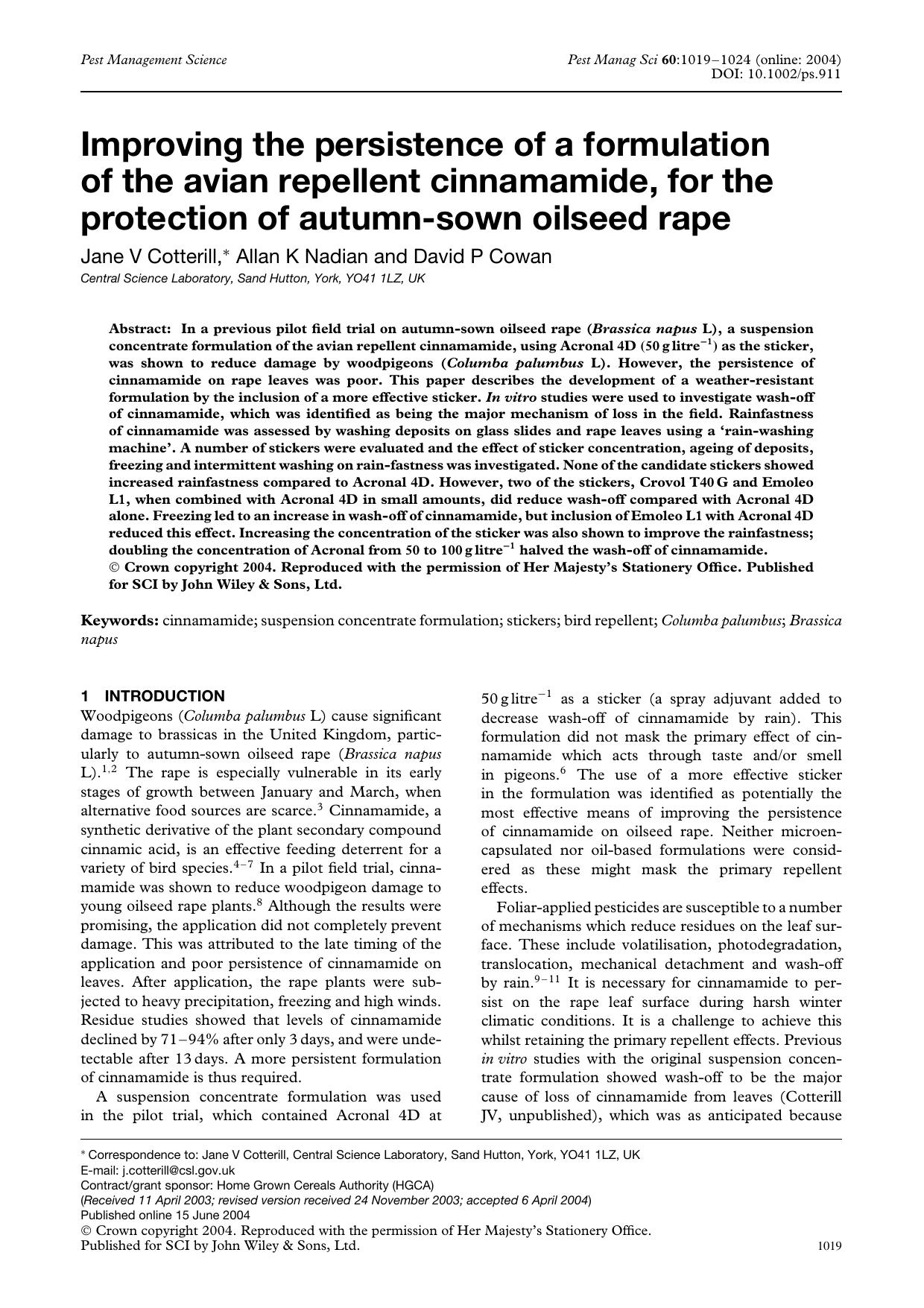 Improving the persistence of a formulation of the avian repellent cinnamamide, for the protection of autumn-sown oilseed rape by Unknown