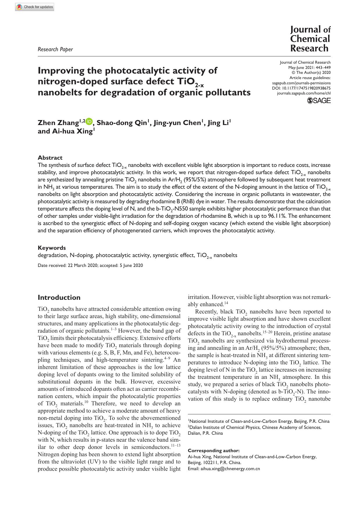 Improving the photocatalytic activity of nitrogen-doped surface defect TiO2-x nanobelts for degradation of organic pollutants by Zhen Zhang Shao-dong Qin Jing-yun Chen Jing Li & Ai-hua Xing