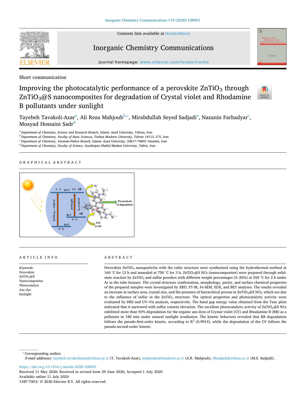 Improving the photocatalytic performance of a perovskite ZnTiO3 through ZnTiO3@S nanocomposites for degradation of Crystal violet and Rhodamine B pollutants under sunlight by unknow