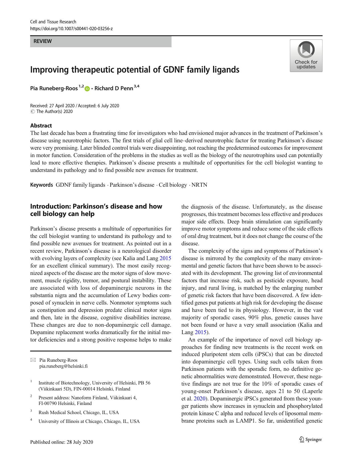 Improving therapeutic potential of GDNF family ligands by Pia Runeberg-Roos & Richard D Penn
