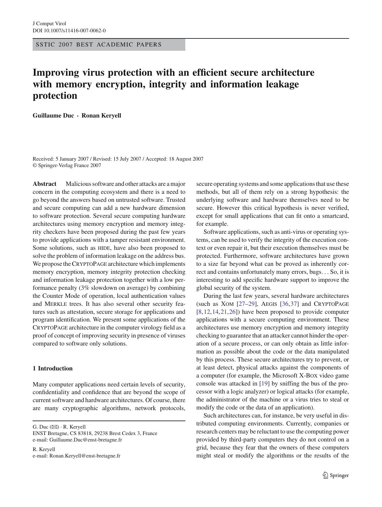 Improving virus protection with an efficient secure architecture with memory encryption, integrity and information leakage protection by Unknown