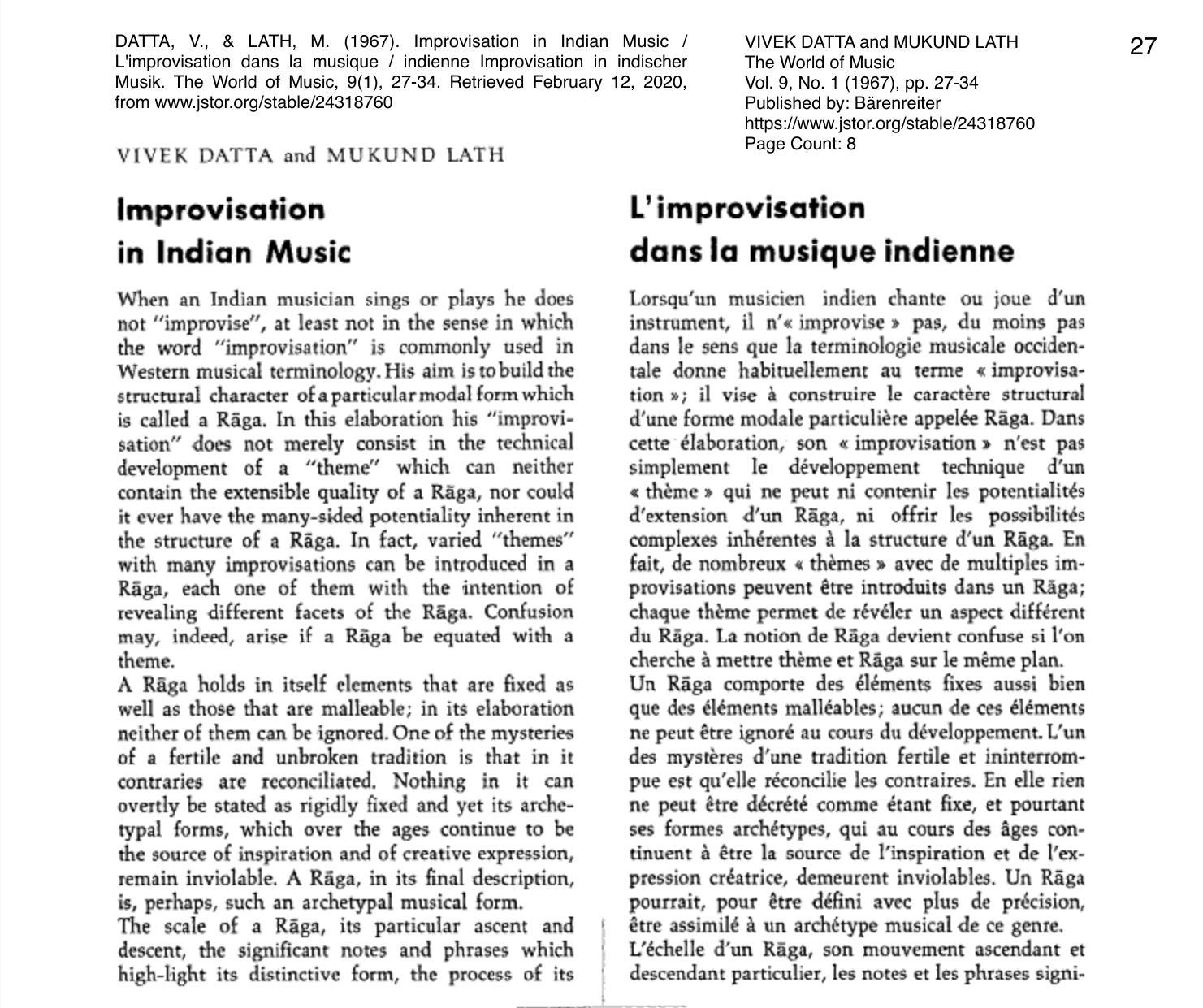 Improvisation in Indian Music / L'improvisation dans la musique Indienne by Vivek Datta & Mukund Lath