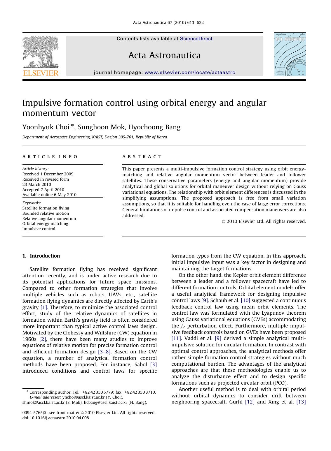 Impulsive formation control using orbital energy and angular momentum vector by Yoonhyuk Choi; Sunghoon Mok; Hyochoong Bang