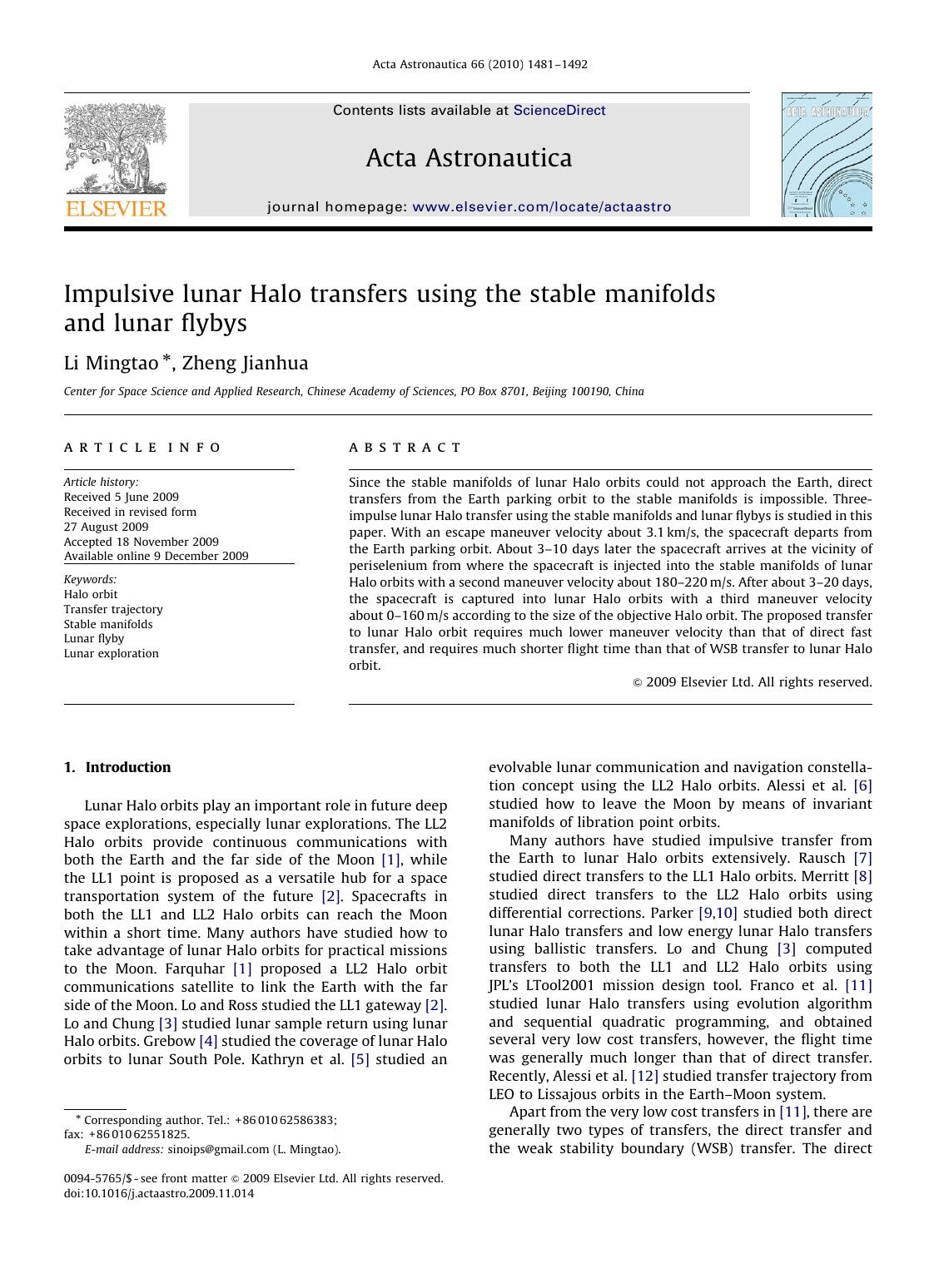 Impulsive lunar Halo transfers using the stable manifolds and lunar flybys by Li Mingtao; Zheng Jianhua