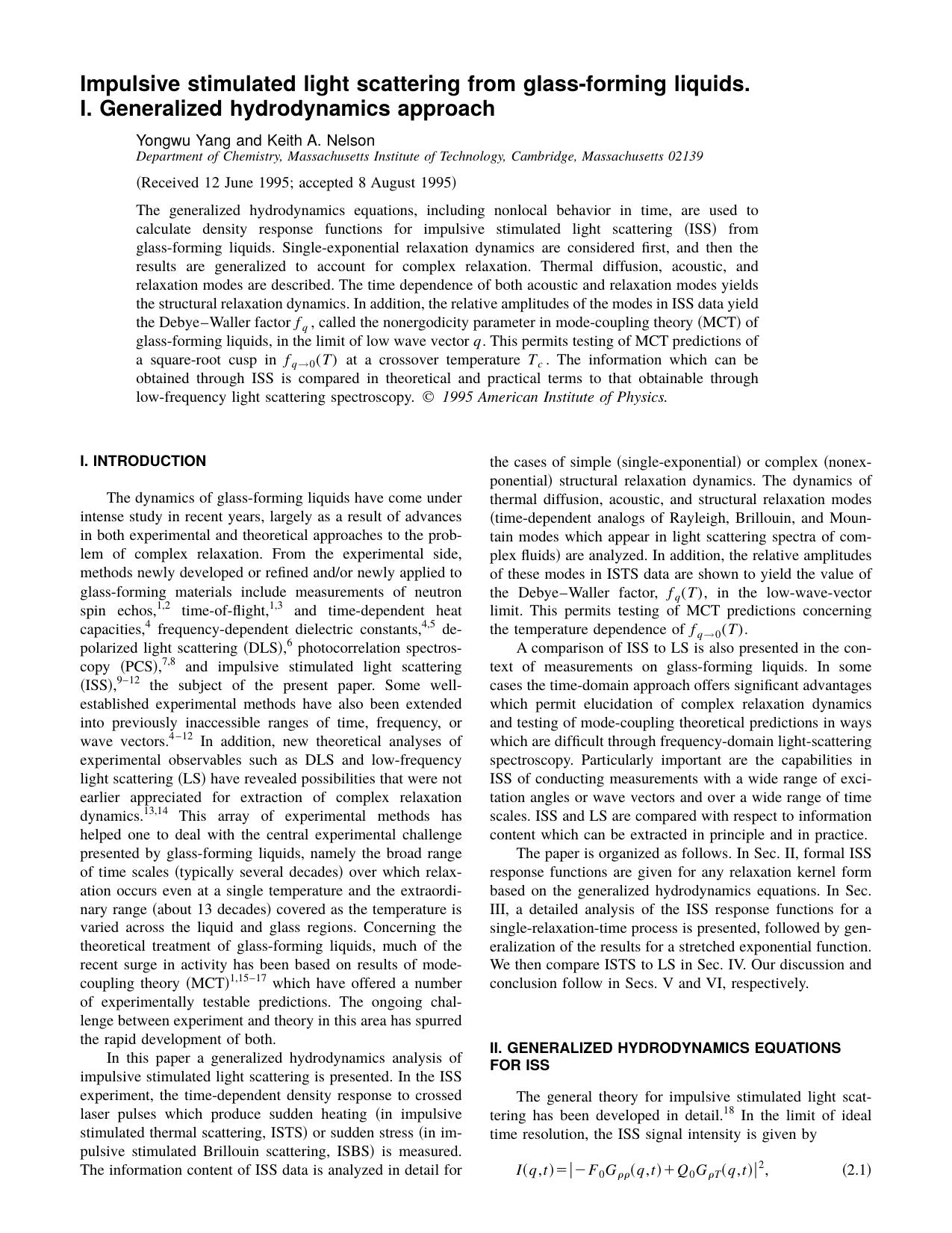 Impulsive stimulated light scattering from glass-forming liquids. I. Generalized hydrodynamics approach by Yongwu Yang and Keith A. Nelson