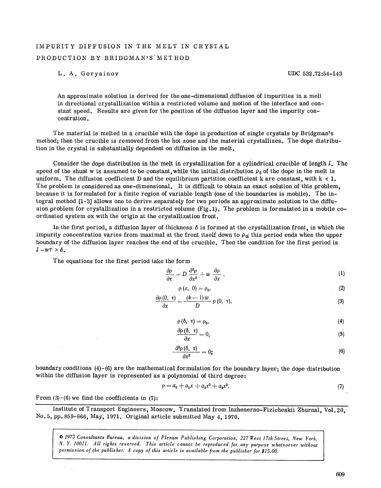 Impurity diffusion in the melt in crystal production by bridgman's method by Unknown