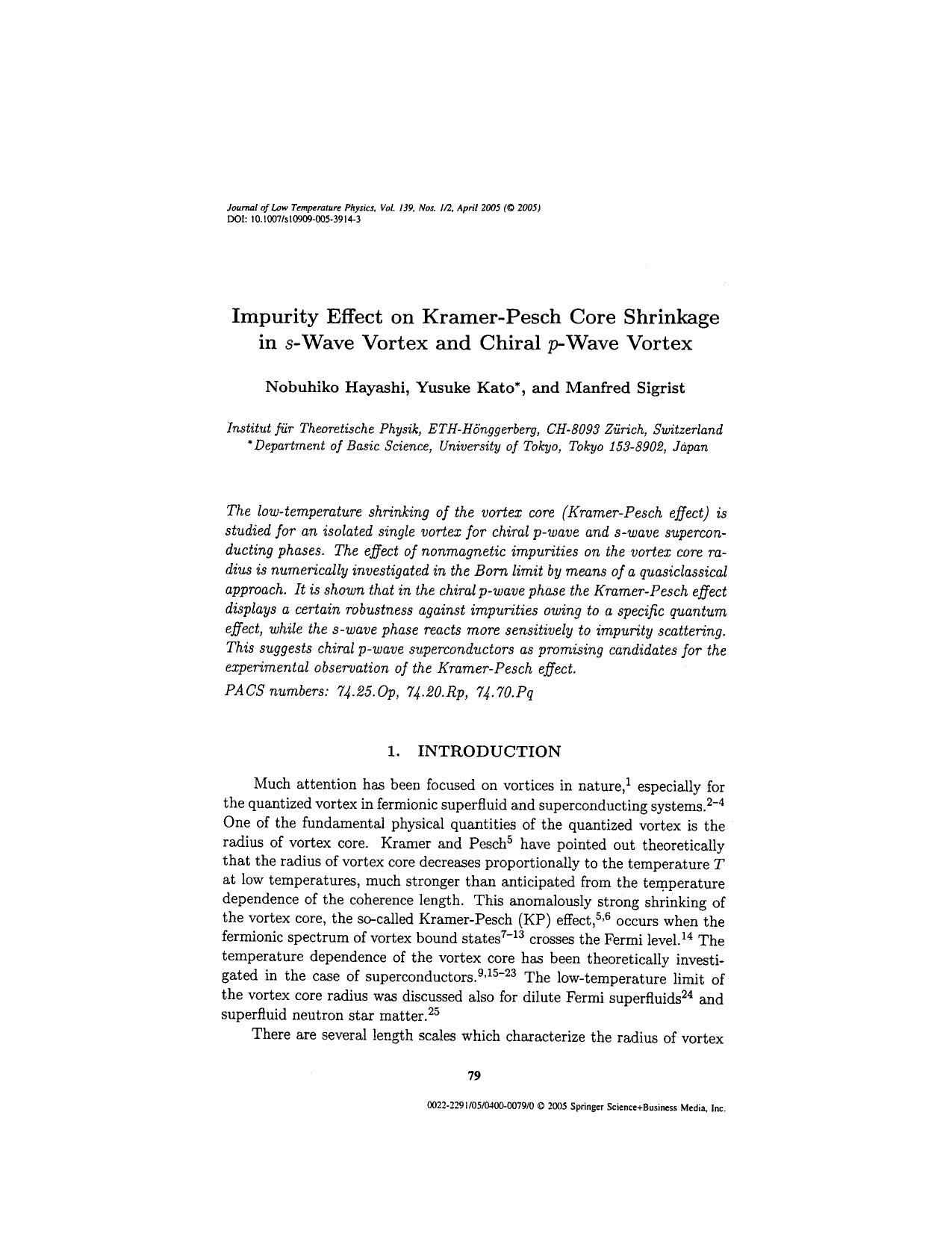 Impurity effect on Kramer-Pesch core shrinkage in <Emphasis Type="Italic">s <Emphasis>-wave vortex and chiral <Emphasis Type="Italic">p <Emphasis>-wave vortex by Unknown