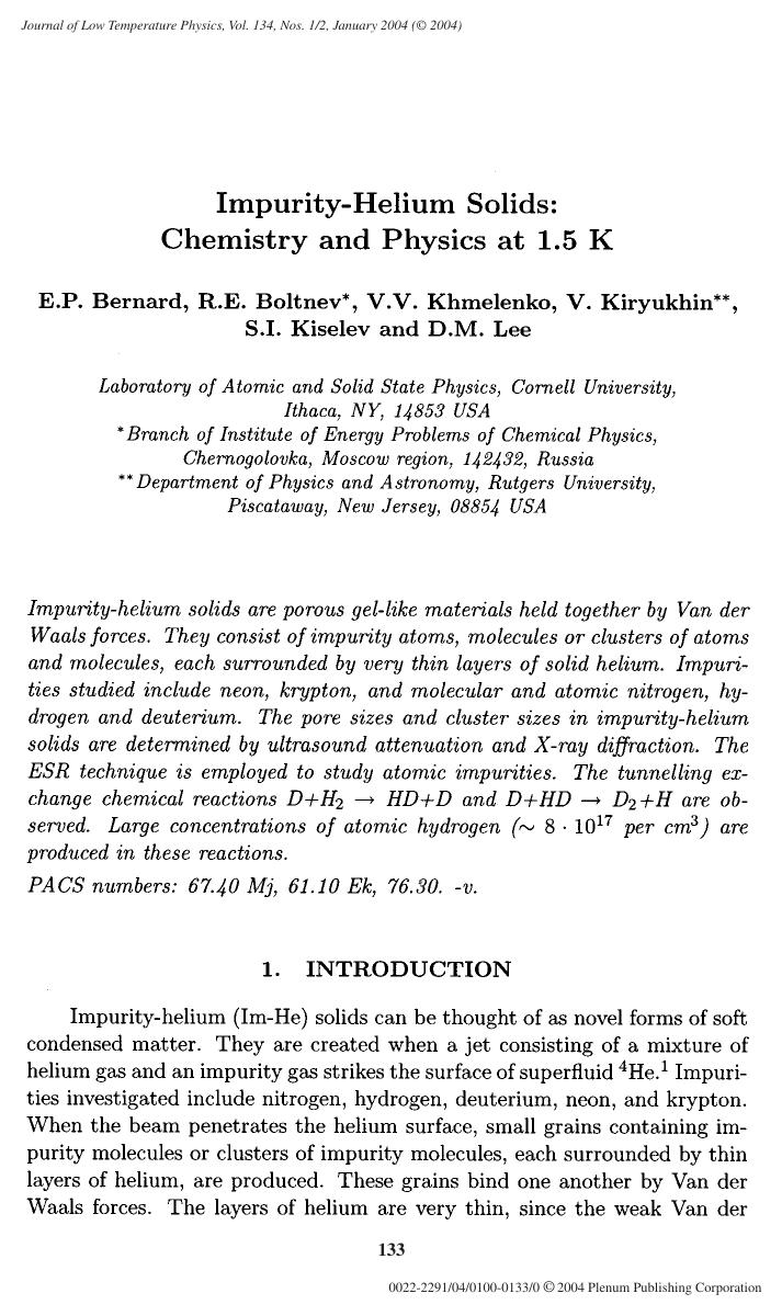 Impurity-Helium Solids: Chemistry and Physics at 1.5 K by Unknown