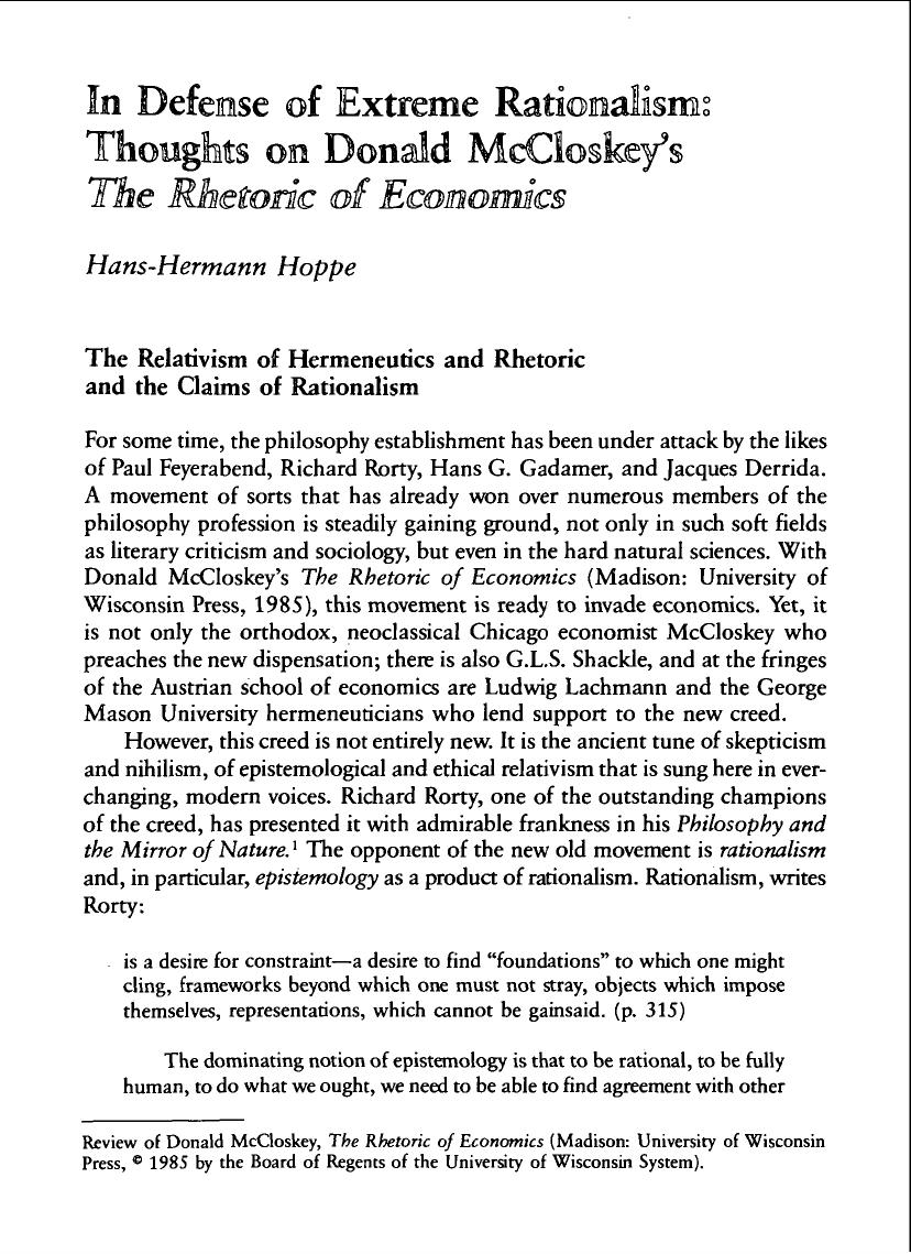 In Defense of Extreme Rationalism - Thoughts on Donald McCloskey's The Rhetoric of Economics by Hoppe Hans-Hermann