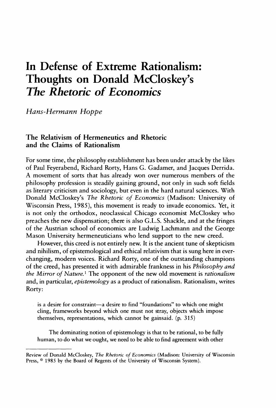 In Defense of Extreme Rationalism: Thoughts on Donald McCloskey's The Rhetoric of Economics by Hans-Hermann Hoppe